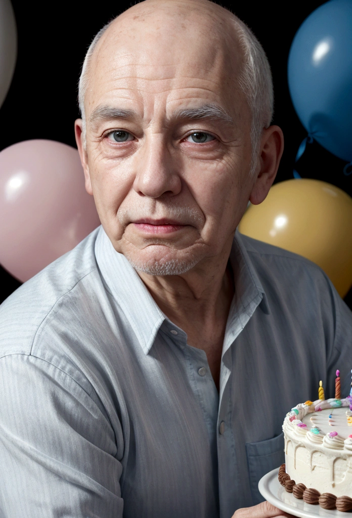 Create a realistic, high-resolution, high-quality drawing of a 90-year-old man
Bald white hair, no glasses on his face, brown eyes, blue striped shirt, table with birthday cake, colorful balloons and birthday decoration