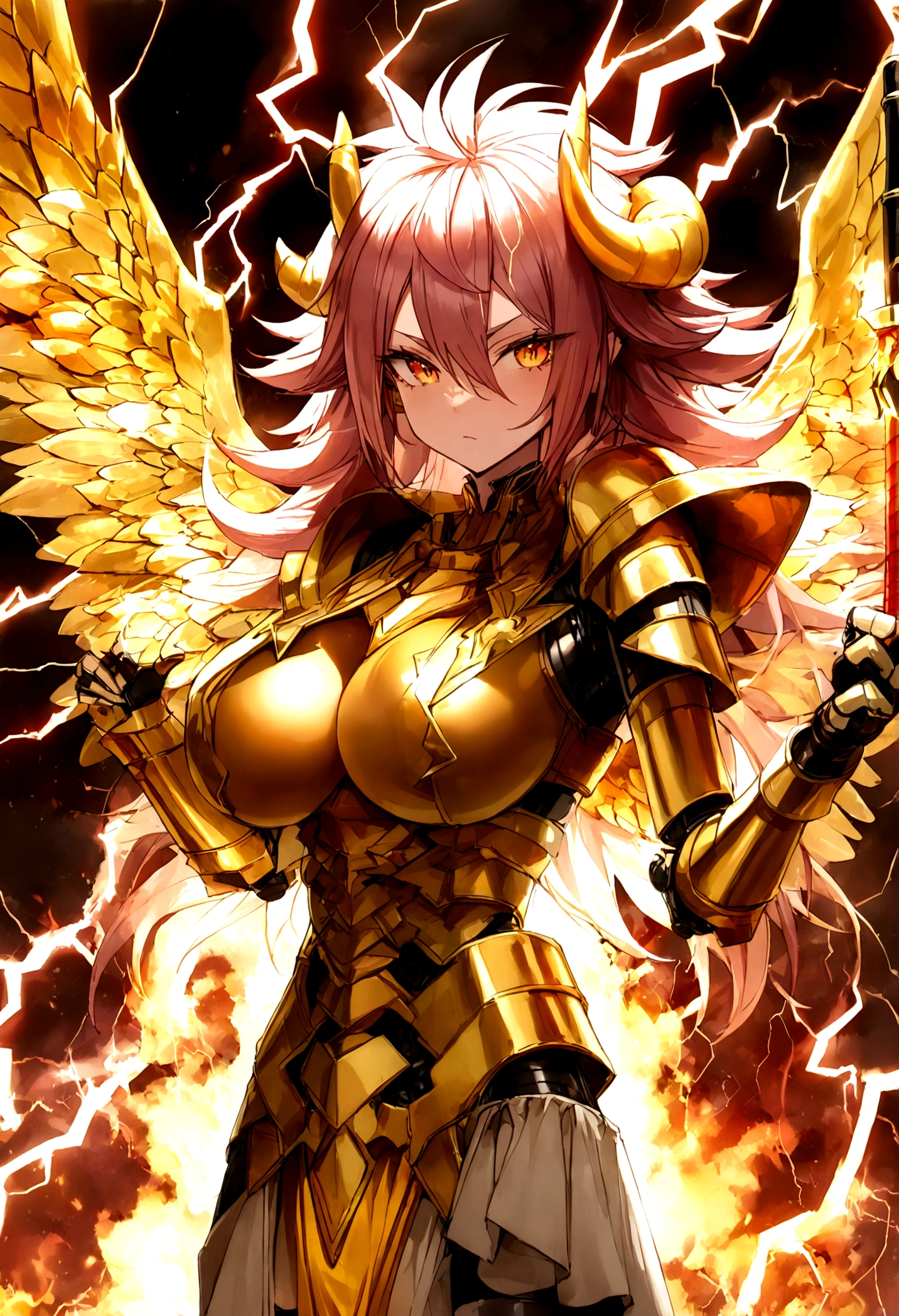 ((Lightning Power)), ((Electricity)), ((Fire Background)), ((Lightning Storm)), ((Power Erupting)), (((((android 21))))), ((((Gigantic Rasengan)))), (((Evil Power))), (((white Coat))), (((Busty))), (((((Big breast:1,3)))), luxury bustier corset, (((silver hair))), (((Very slim waist))), propotional body, ((Gorgeous)), (((Fire Blazing Horns))), ((((gold wings))), masterpiece, hyperdetail, ambient effect, digital effect, (((Fire Gold Bikini Armor))), (((Lightning Gold Wings)))