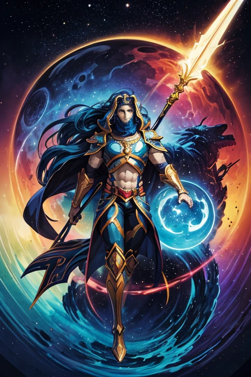 niji mode, a warrior bear god, full body, using a long spear, a modern and stylish fine suit, vibrant and bright cosmos, hairy young man, with ethereal and devilish demeanor, his features bathed in lunar glow. His skin, orange and navy blue, reflecting like a mirror, the starry night. Within its captivating gaze, galaxies swirl, vibrant hues of cosmic dust and celestial wonders painting a mesmerizing tapestry in shades of blue. a wild touch to his captivating gaze. His presence evokes a feeling of pride, a realm where darkness and beauty intertwine. As his presence draws attention, The enigmatic allure of this figure captivates the imagination, inviting contemplation of the hidden depths that lie beneath his captivating gaze, Studio Ghibli, metal hurlant.