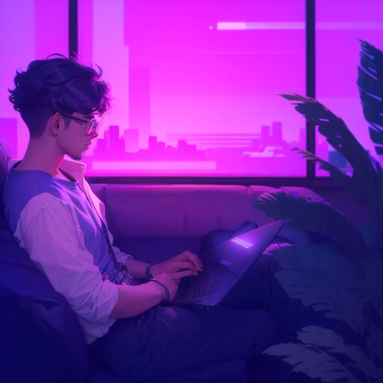There is a man sitting on a sofa looking at a laptop, arte lofistyle, garoto lofi, arte lofi, lofi sente, lo-fi illustration style, synthwave aesthetic, cores lofi, arte lo-fi, lofi aesthetic, estilo de arte synthwave, lofi vibes, garoto lofi aesthetic, flat estilo de arte synthwave, with glasses.