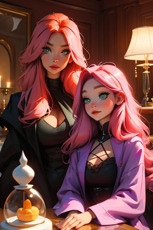A pink haired female reaper with violet eyes and an hourglass figure in cute pajamas is hugging an orange haired female reaper with green eyes with an hourglass figure in a Gothic living room