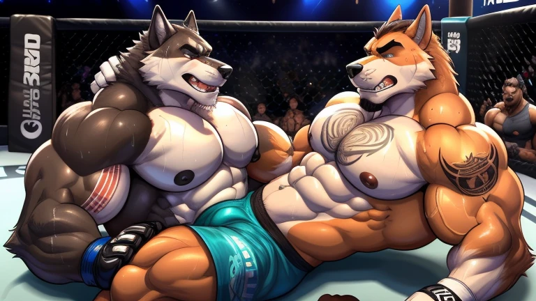 Duo male(Brown Wolf vs Black Wolf, handsomes, Thick eyebrows), gay(Lying down, body on back, cuddling embraced from behind, Body frottage, face to face, on a UFC match), hot(Shirtless), handsomes(They are handsomes, correct anatomy), musculosos(Big muscle bodies, Six packs, muscle abs, big pecs, muscle backs, muscle legs), sweaty(very sweaty wet bodies, shiny sweat), tatuajes(they have tattoos), Rought(Both have an rought expression, growling, steaming breath), UFC gloves(They both are wearing red UFC gloves), UFC boxers(They both are wearing boxers), Hight resolution, by(Zourik:1.1)