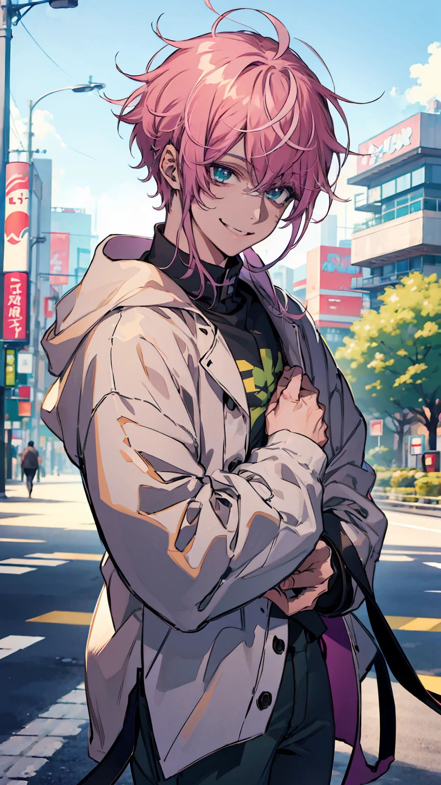 1boy, male photo,pink hair,green foodie,cute smile,sunny day,in Tokyo city,high quality, best quality, masterpiece, 8K