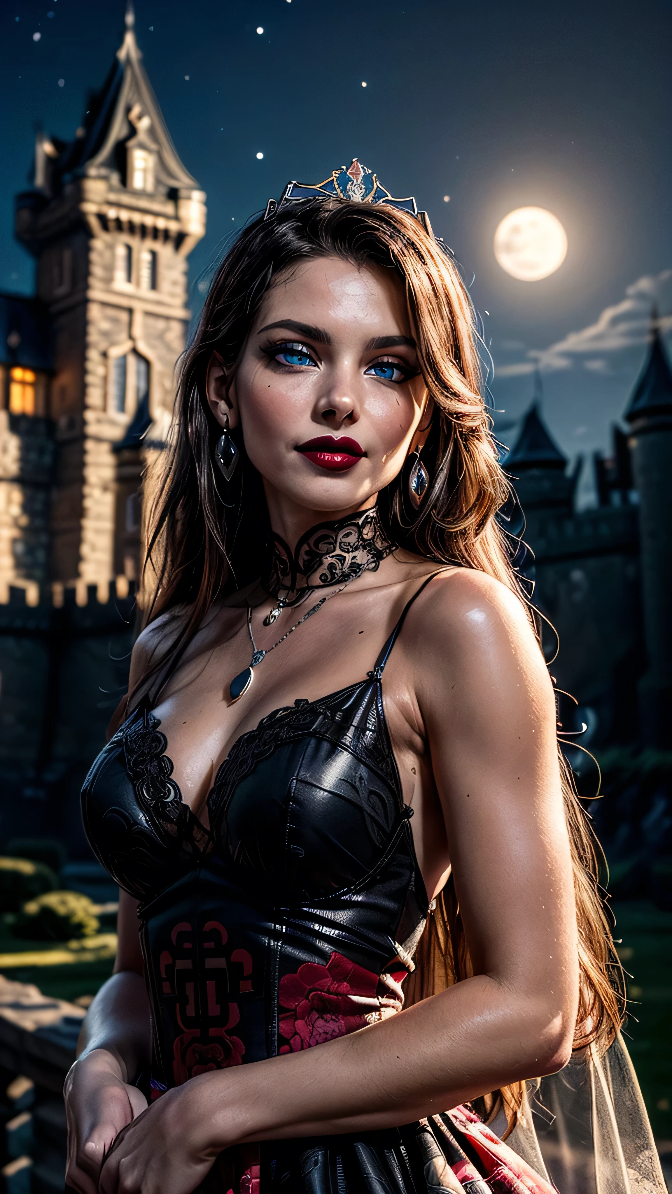 ((best quality: 1.5, intricate:1.3, masterpiece, photorealistic:1.4)), sharp focus, professional, real life, realistic representation of the face, ((detailed, athletic, suntan, ((((maroon) chinoiserie renaissance ball gown, portrait)), queen, black chrome tiara, silver, onyx necklace, onyx earrings, humid ((supermodel))), makeup: 0.7, glowing iceblue eyes, long straight hair [bright ginger hair:black hair:0.4], smirking, smirk, shadows, black lips, outdoors, faraway castle, dark, night, moonlight)), professional lighting, photon mapping, radiosity, physically based rendering, ultra resolution, hyper-realistic, hyper-realistic, 8K
