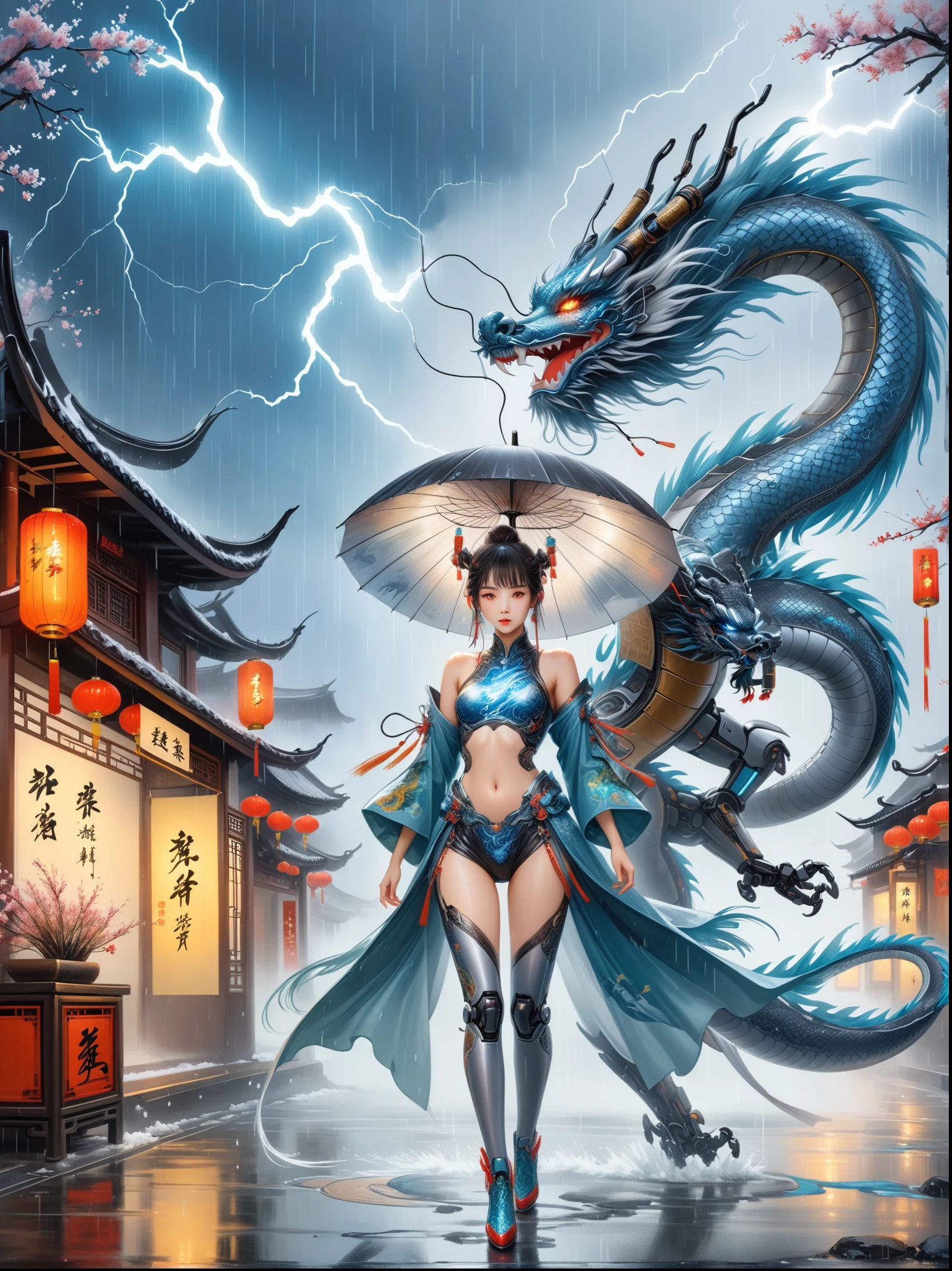 中国风大师work,(best quality, 4k, high resolution, masterpiece:1.2),Super detailed,lifelike,shining,Traditional Chinese ink painting, Willow branches, Wu Changshuo, ((masterpiece)), best quality, illustration, 1 girl, Small Breasts, Beautiful and delicate eyes, Beautiful and detailed cyberpunk city, flat chest, Beautiful and fine hair, curls, Beautiful detailed streets, Mecha clothes, Robot girl, cool movement, Silver tights, (Filigree), Dragon Wings, Color Background, A dragon stands behind the girl, rain, (Lightning Effect), Exquisite and detailed silver dragon armor, (Cold Face),work,Dazzling colors,Stunning visuals,otherworldly appearance,Fascinating artistry,Focus on your audience, First-person perspective, Anatomically correct, precise, 8K