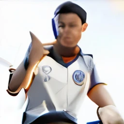 Seorang laki laki  umur 35 tahun dari Indonesia, sedang duduk sambil memakai baju bola terbaru Jerman. Pemuda itu mengangkat jempolnya sambil tersenyum. Rambut pemuda itu buzz cut . Background putih polos. 3D Realistis, HD 8K