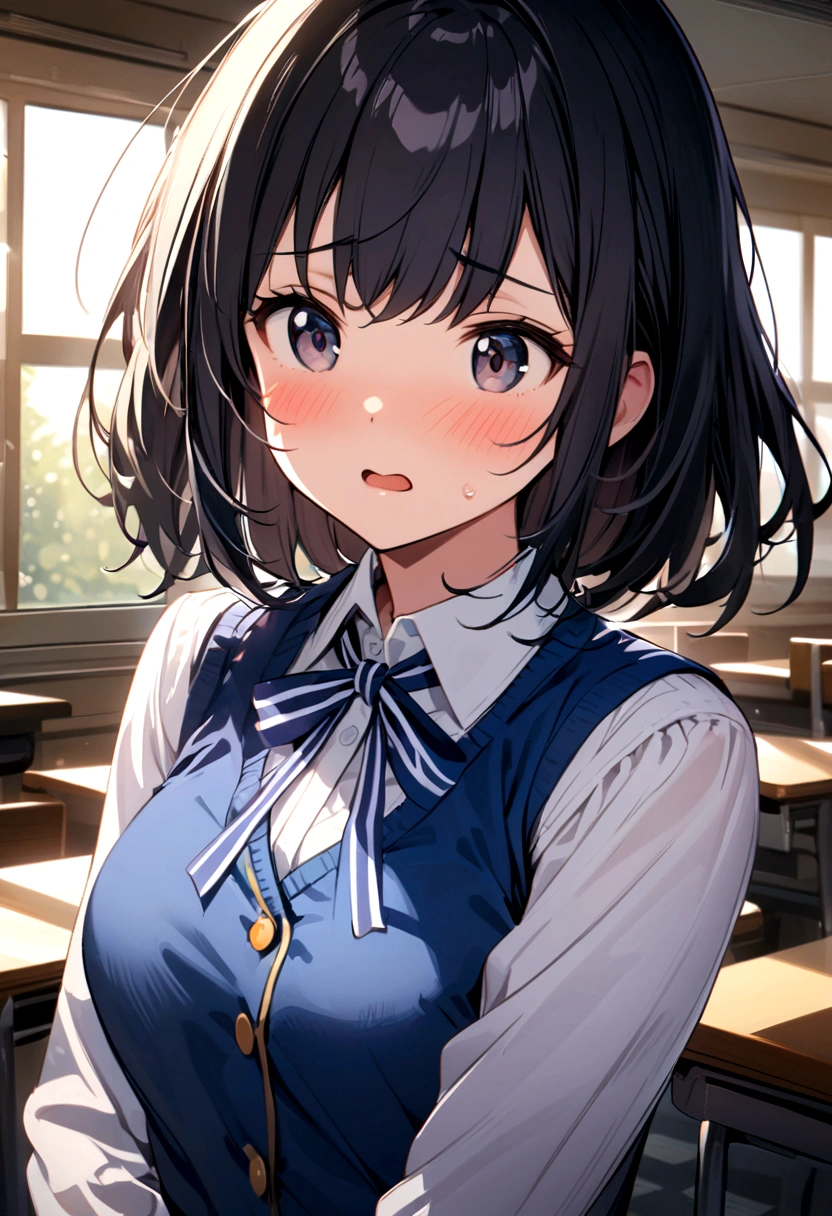 Anime girl ponytail,Wear a uniform,in men's toilet, shot on the face