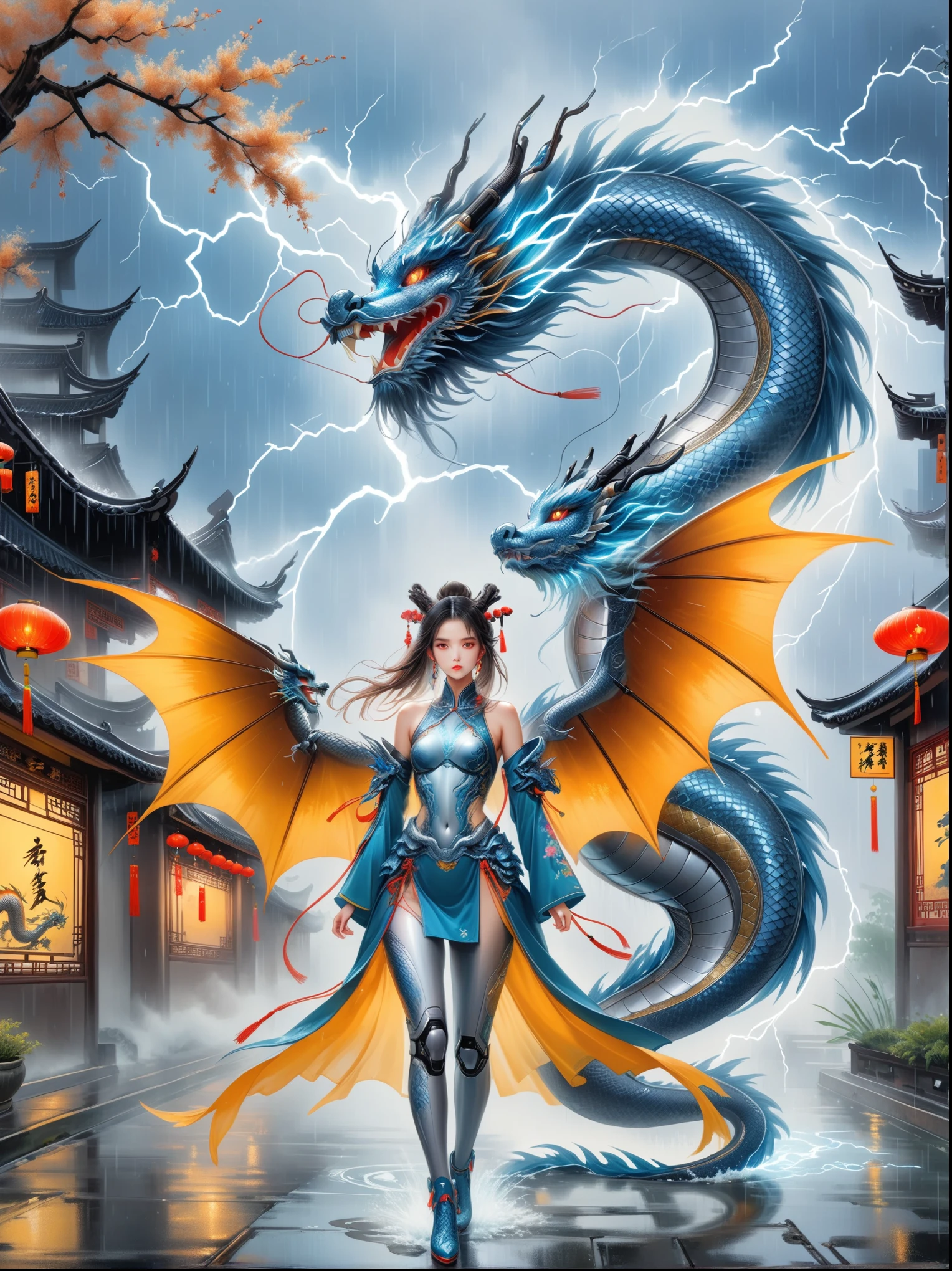 中国风大师work,(best quality, 4k, high resolution, masterpiece:1.2),Super detailed,lifelike,shining,Traditional Chinese ink painting, Willow branches, Wu Changshuo, ((masterpiece)), best quality, illustration, 1 girl, Small Breasts, Beautiful and delicate eyes, Beautiful and detailed cyberpunk city, flat chest, Beautiful and fine hair, curls, Beautiful detailed streets, Mecha clothes, Robot girl, cool movement, Silver tights, (Filigree), Dragon Wings, Color Background, A dragon stands behind the girl, rain, (Lightning Effect), Exquisite and detailed silver dragon armor, (Cold Face),work,Dazzling colors,Stunning visuals,otherworldly appearance,Fascinating artistry,Focus on your audience, First-person perspective, Anatomically correct, precise, 8K