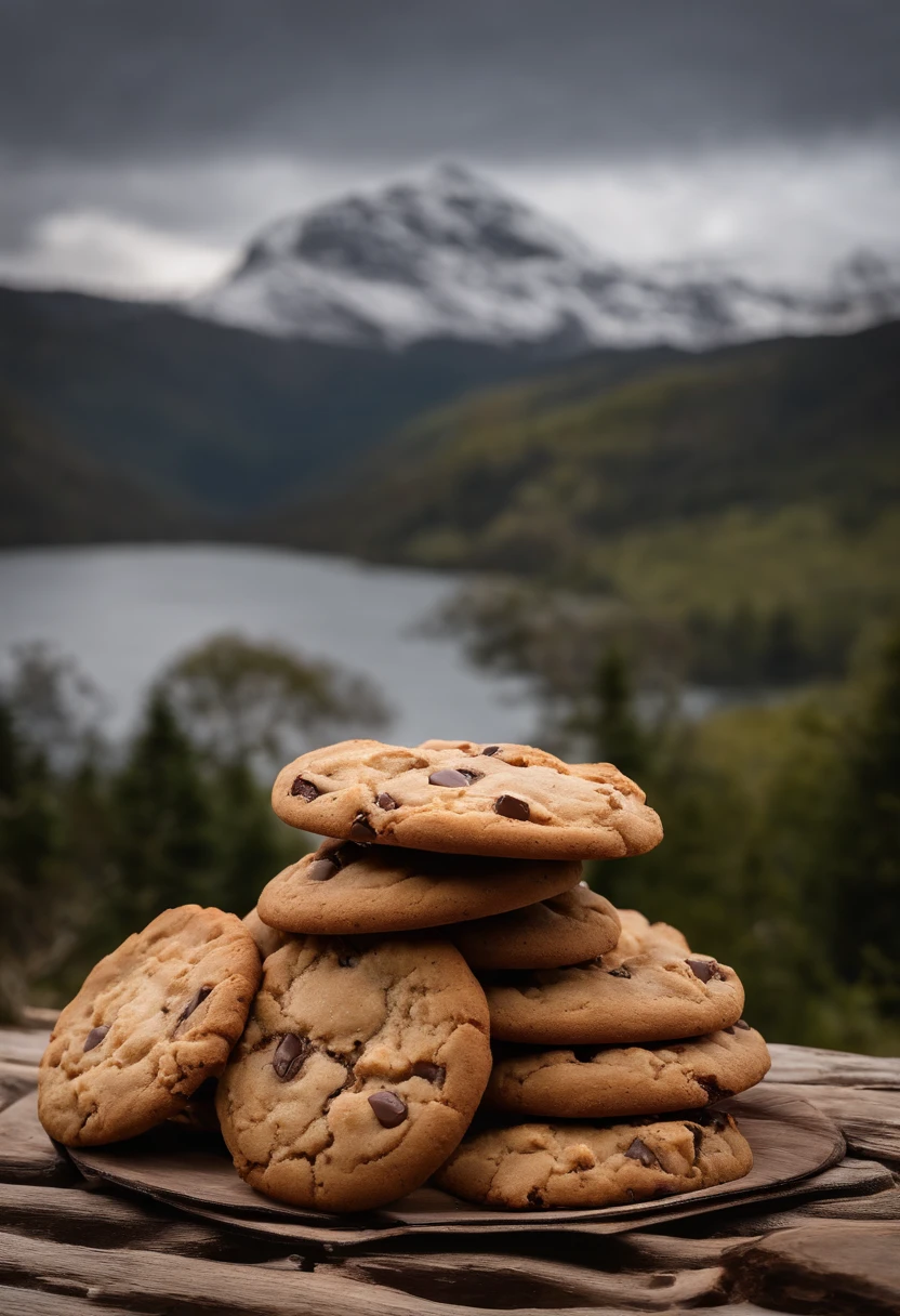 No Alto de uma montanha (vale nevado), Cookies,(biscoito cookie)(chocolate, cookie(gordo), cookie arredondado), cenario(on rustic wood, no alto de uma montanha (ao fundo um vale e montanhas), realista, 4k, Photo by the best photographer in the world, melhor qualidade, grade, realismo absoluto, cookies, biscoito cookie, gotas de chocolate, alto da montanha, neve. Cookies no alto da montanha, natureza, foto na natureza 