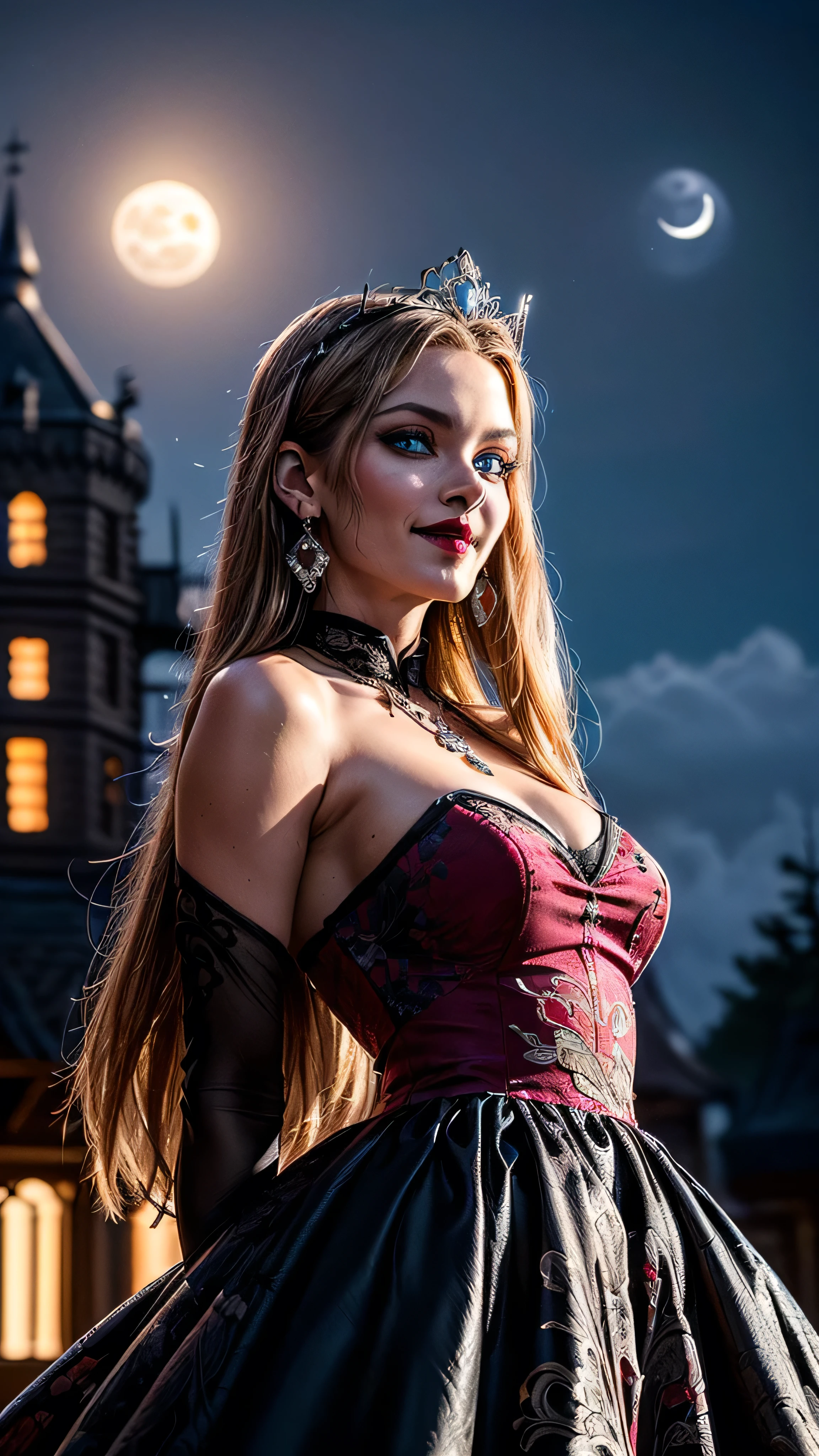 ((best quality: 1.5, intricate:1.3, masterpiece, photorealistic:1.4)), sharp focus, professional, real life, realistic representation of the face, ((detailed, athletic, suntan, ((((maroon) chinoiserie renaissance ball gown, portrait)), queen, black chrome tiara, silver, onyx necklace, onyx earrings, humid ((supermodel))), makeup: 0.7, glowing iceblue eyes, long straight hair [bright ginger hair:black hair:0.4], smirking, smirk, shadows, black lips, outdoors, faraway castle, dark, night, moonlight)), professional lighting, photon mapping, radiosity, physically based rendering, ultra resolution, hyper-realistic, hyper-realistic, 8K
