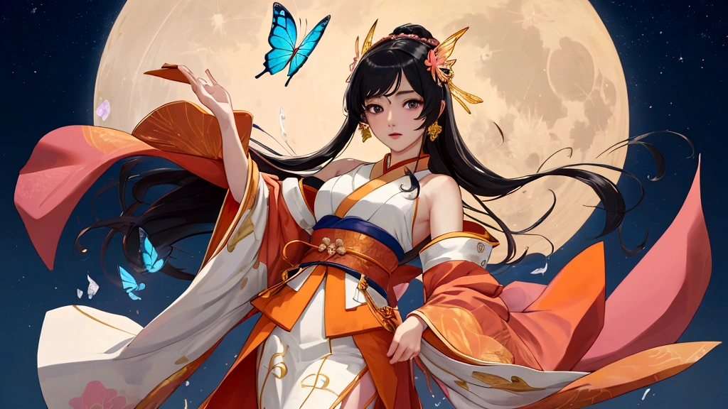 Vector figure,Flat figure,Young and beautiful Japanese anime girl,Looks like Liu Yifei,Watery eye,Exquisite facial features,headgear,butterfly,Behind him is a decorated moon,In the style of Alessandro Gotthard, Light blue and pink, Vivid depiction of movement, Belstone, Carefully designed, Margaret Blassham, Light gold and orange,National style,figure,Chinese style