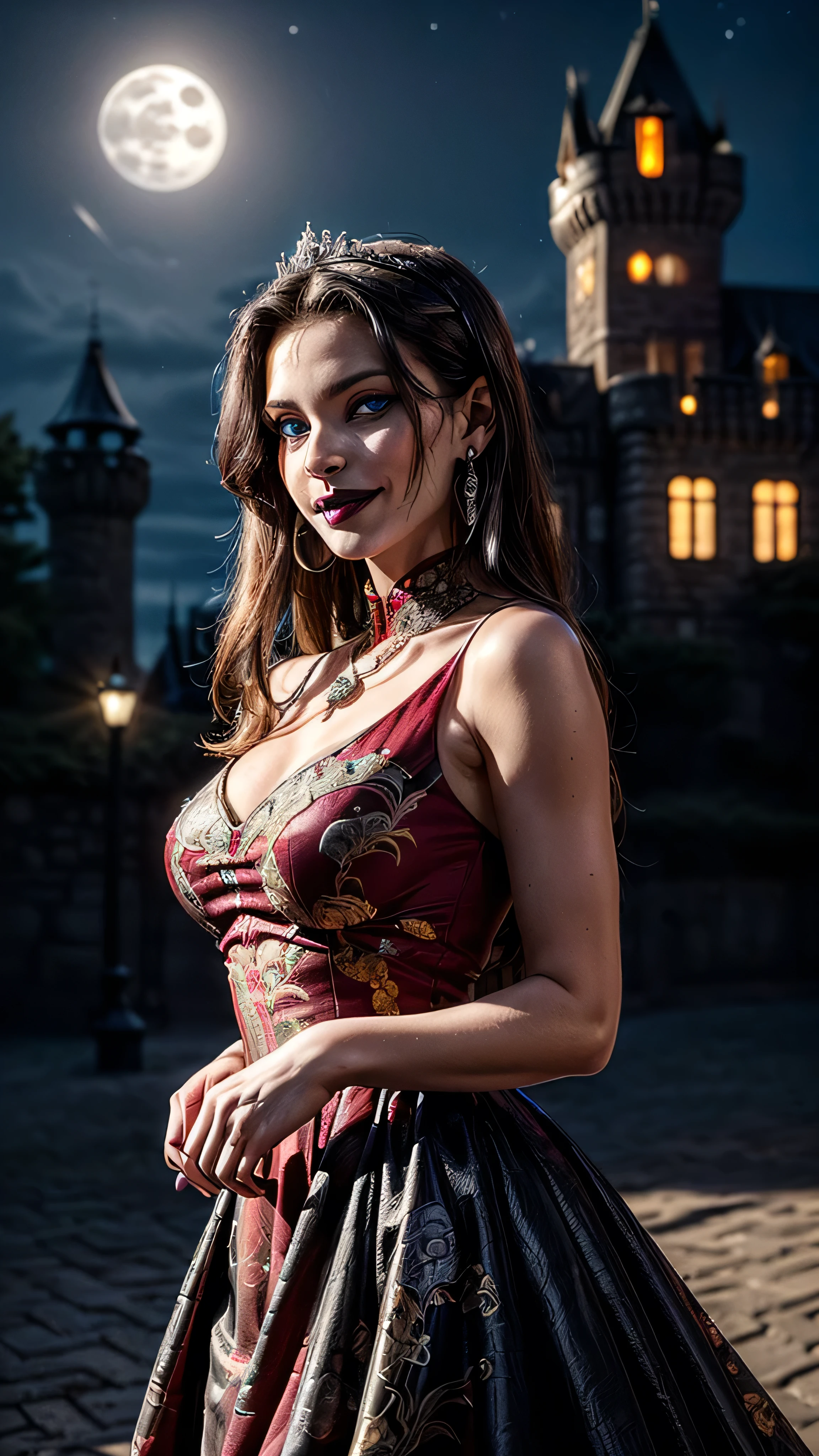 ((best quality: 1.5, intricate:1.3, masterpiece, photorealistic:1.4)), sharp focus, professional, real life, realistic representation of the face, ((detailed, athletic, suntan, ((((maroon) chinoiserie renaissance ball gown, portrait)), queen, black chrome tiara, silver, onyx necklace, onyx earrings, humid ((supermodel))), makeup: 0.7, glowing iceblue eyes, long straight hair [bright ginger hair:black hair:0.4], smirking, smirk, shadows, black lips, outdoors, faraway castle, dark, night, moonlight)), professional lighting, photon mapping, radiosity, physically based rendering, ultra resolution, hyper-realistic, hyper-realistic, 8K
