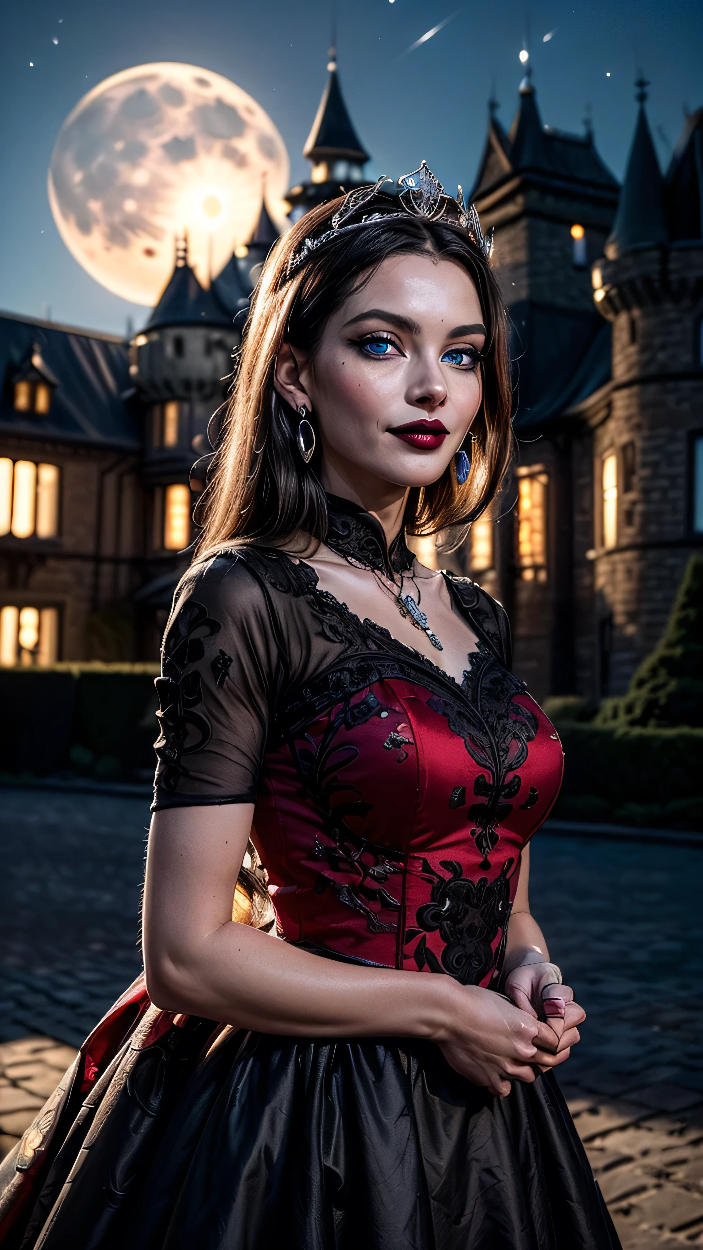 ((best quality: 1.5, intricate:1.3, masterpiece, photorealistic:1.4)), sharp focus, professional, real life, realistic representation of the face, ((detailed, athletic, suntan, ((((maroon) chinoiserie renaissance ball gown, portrait)), queen, black chrome tiara, silver, onyx necklace, onyx earrings, humid ((supermodel))), makeup: 0.7, glowing iceblue eyes, long straight hair [bright ginger hair:black hair:0.4], smirking, smirk, shadows, black lips, outdoors, faraway castle, dark, night, moonlight)), professional lighting, photon mapping, radiosity, physically based rendering, ultra resolution, hyper-realistic, hyper-realistic, 8K
