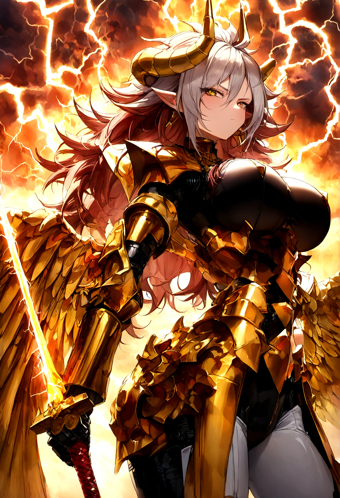 ((Lightning Power)), ((Electricity)), ((Fire Background)), ((Lightning Storm)), ((Power Erupting)),((((android 21)))), (((white Coat))), (((Busty))), (((((Big breast:1,3)))), luxury bustier corset, (((silver hair))), (((Very slim waist))), propotional body, ((Gorgeous)), (((gold wings))), masterpiece, hyperdetail, ambient effect, digital effect, (((FIRE SWORD)), (((Lightning Sword))), (((Fire Gold Armor))), (((Lightning Gold Wings))), (((Fire Demon Horns))), (((Lightning Demon Horns)))