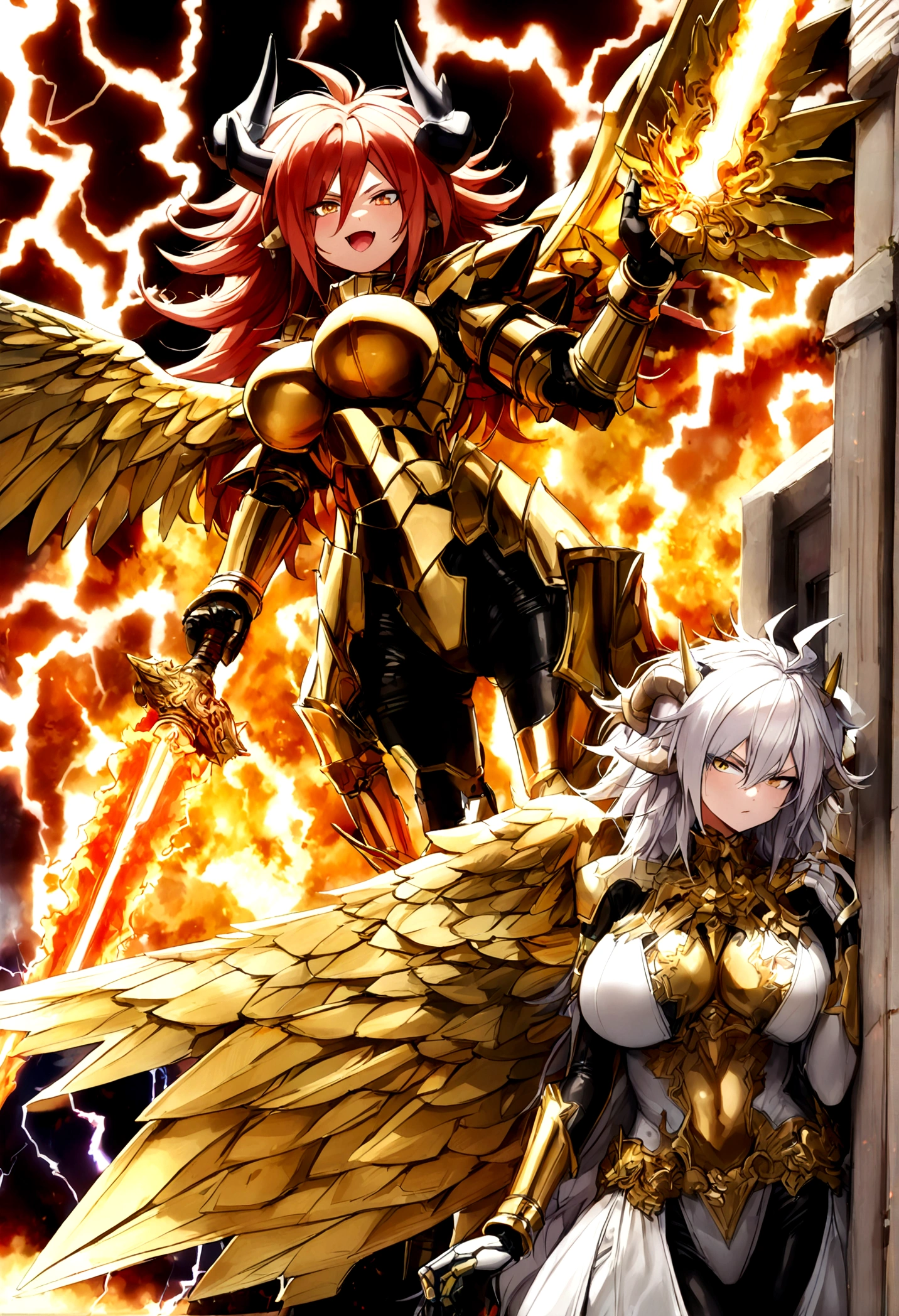 ((Lightning Power)), ((Electricity)), ((Fire Background)), ((Lightning Storm)), ((Power Erupting)),((((android 21)))), (((white Coat))), (((Busty))), (((((Big breast:1,3)))), luxury bustier corset, ((silver hair)), (((Very slim waist))), propotional body, ((Gorgeous)), (((gold wings))), masterpiece, hyperdetail, ambient effect, digital effect, (((FIRE SWORD)), (((Lightning Sword))), (((Fire Gold Armor))), (((Lightning Gold Wings))), (((Fire Demon Horns))), (((Lightning Demon Horns)))