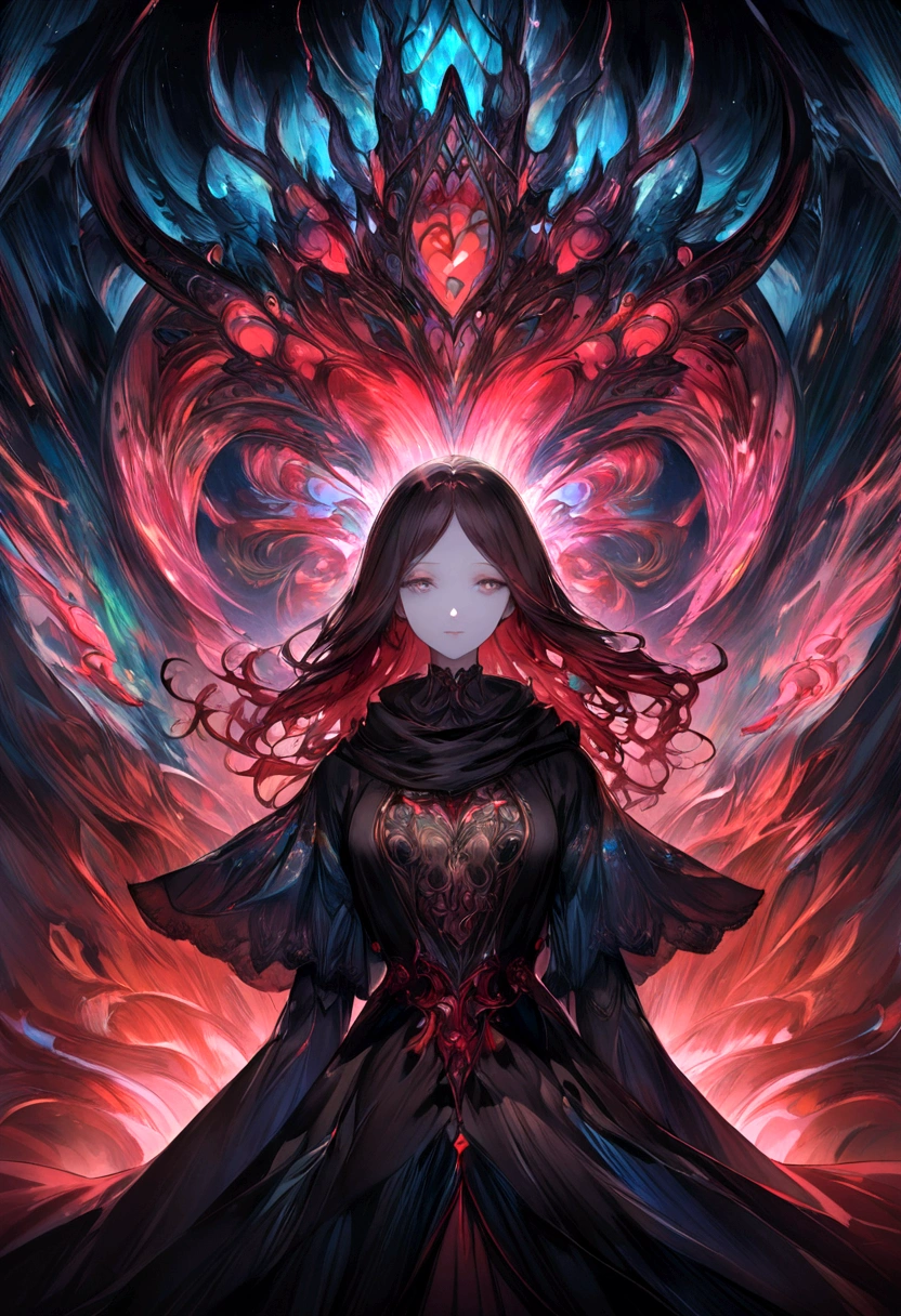 a female character with long, flowing red hair that appears to be made of ethereal, wavy patterns reminiscent of the aurora borealis or northern lights. The background is a tavern with yellow lights, creating a mysterious and dramatic atmosphere. The character's face is serene, with pale skin and striking features. She wears dark-colored clothes with subtle prints and a black scarf with red rubies that reflect the light in the room.. The overall style of the artwork is reminiscent of fantasy or supernatural genres