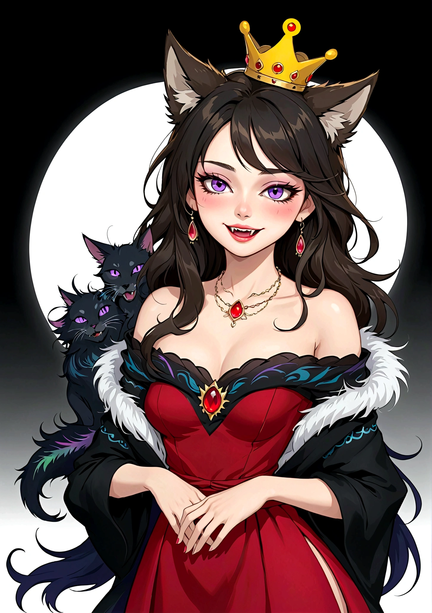 Red wolf smiles,Fangs,Purple Eyeshadow,Black long hair,Cat ears,Small Crown,Red off-shoulder dress,Fur collar shawl,wave,Slender neck