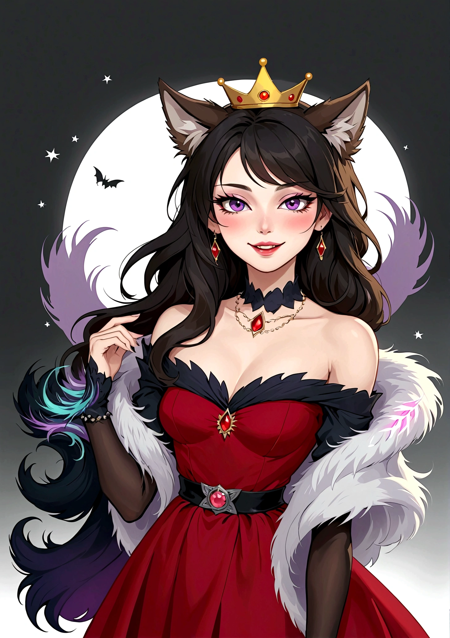 Red wolf smiles，Fangs，Purple Eyeshadow，Black long hair，Cat ears，Small Crown，Red off-shoulder dress，Fur collar shawl，wave，Slender neck