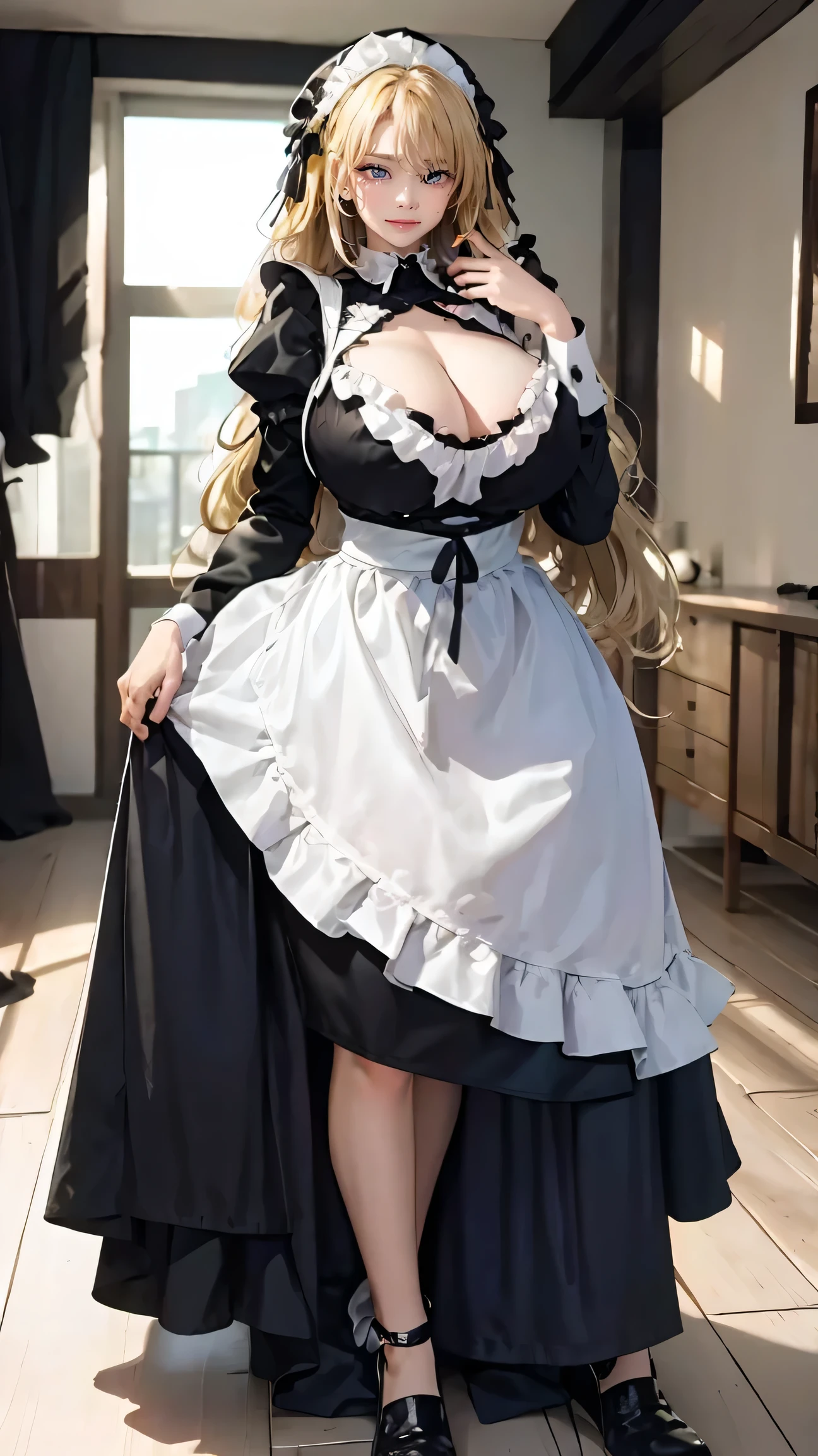 Best quality, masterpiece, ultra high res, raw photo, beautiful and aesthetic,deep shadow, dark theme,(ultra detailed:1.3),
1girl, dynamic pose, Headdress, (beautiful face, detailed eye:1.2), embarrassed, ( breasantic breasts:1.1) hair, long hair, blonde hair, gradient hair, yellow eyes, solo, big hair, blue hair, divine goddess, looking at viewer, indoors, modern bedroom, astraea, full body, gothic maid uniform, sexy maid dress,