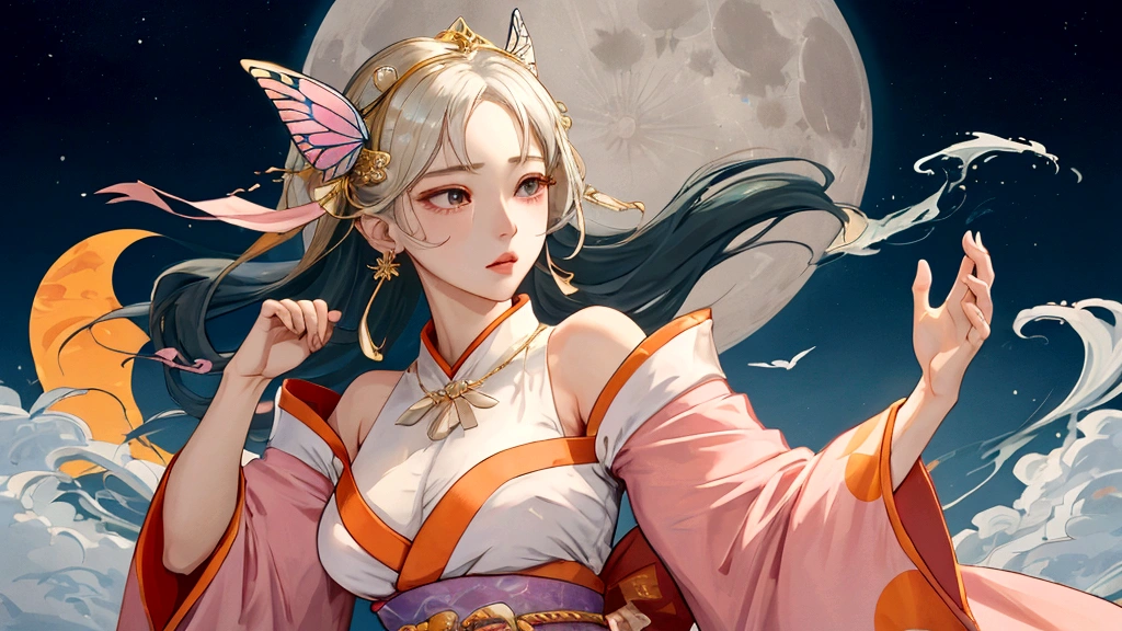 Vector figure,Flat figure,Young and beautiful Japanese anime girl,Looks like Liu Yifei,Watery eye,Exquisite facial features,headgear,butterfly,Behind her is a decorated moon,In the style of Alessandro Gotthard, Light blue and pink, Vivid depiction of movement, Belstone, Carefully designed, Margaret Blassham, Light gold and orange,National style,figure,Japanese Style