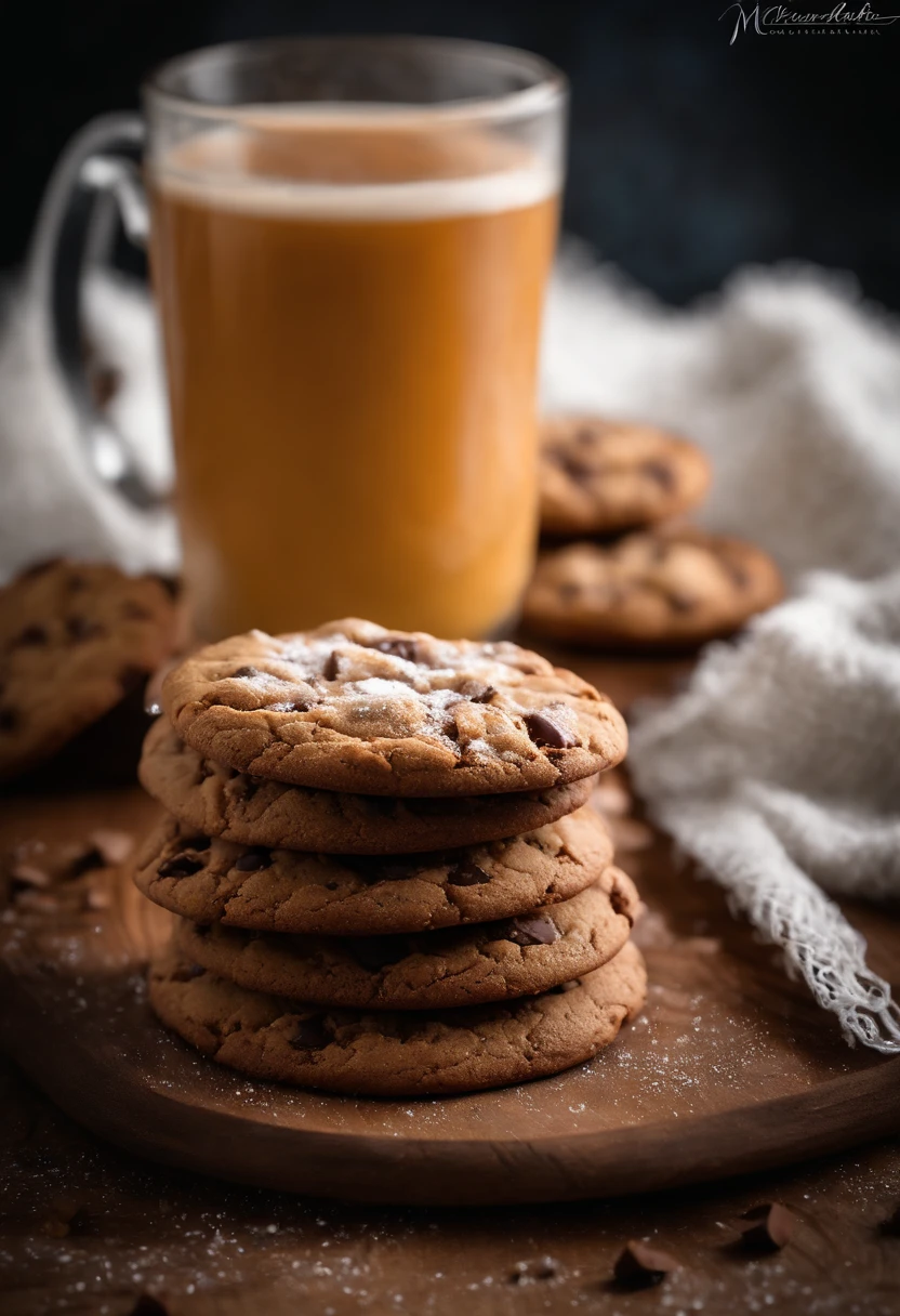 No Alto de uma montanha (vale nevado), Cookies,(biscoito cookie)(chocolate, cookie(gordo), cookie arredondado), cenario(on rustic wood, no alto de uma montanha (ao fundo um vale e montanhas), realista, 4k, Photo by the best photographer in the world, melhor qualidade, grade, realismo absoluto, cookies, biscoito cookie, gotas de chocolate, alto da montanha, neve. Cookies no alto da montanha, natureza, foto na natureza , foto cookies natureza montanha, montanhas, neve, vale, cookies