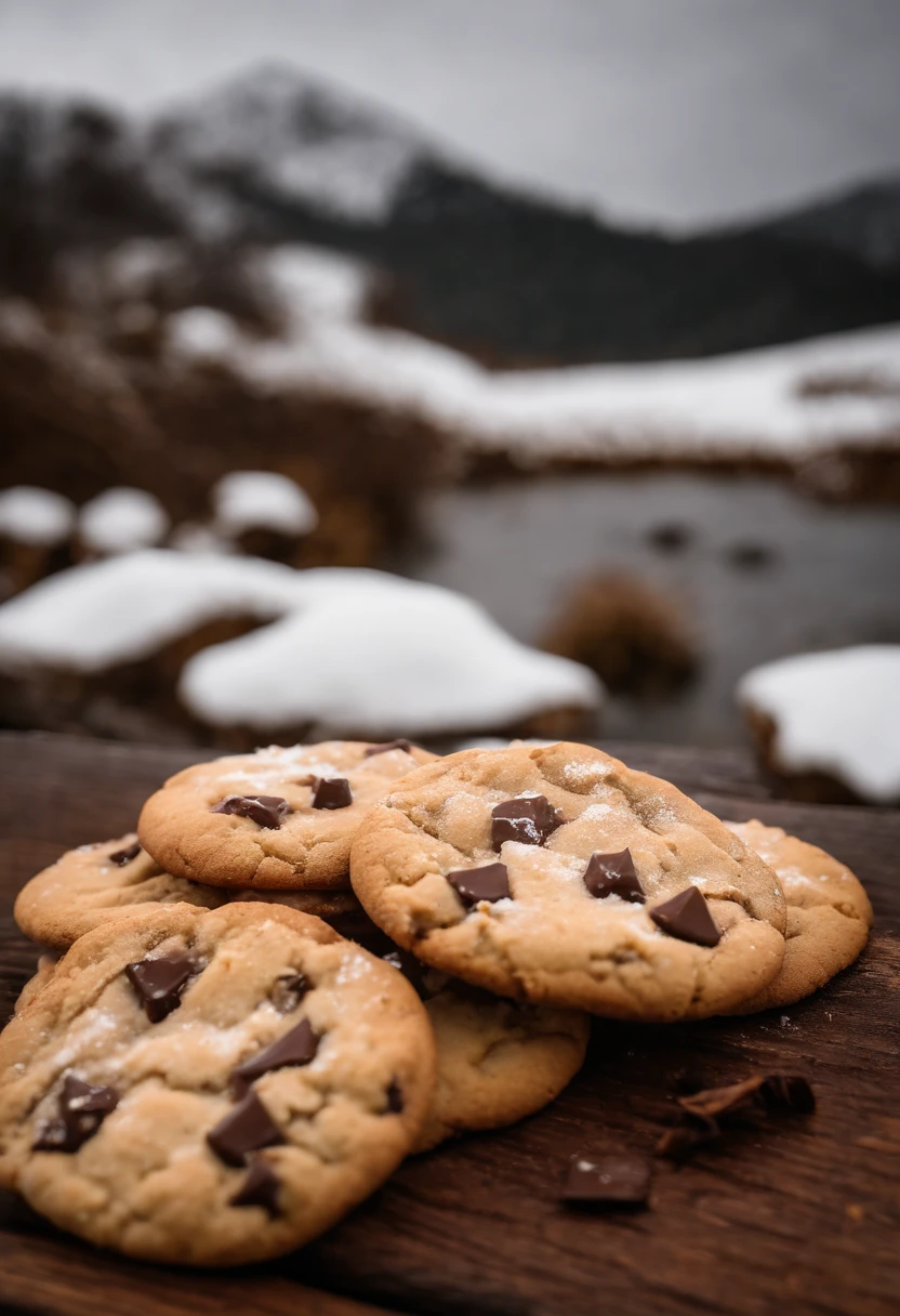 No Alto de uma montanha (vale nevado), Cookies,(biscoito cookie)(chocolate, cookie(gordo), cookie arredondado), cenario(on rustic wood, no alto de uma montanha (ao fundo um vale e montanhas), realista, 4k, Photo by the best photographer in the world, melhor qualidade, grade, realismo absoluto, cookies, biscoito cookie, gotas de chocolate, alto da montanha, neve. Cookies no alto da montanha, natureza, foto na natureza , foto cookies natureza montanha, montanhas, neve, vale, cookies