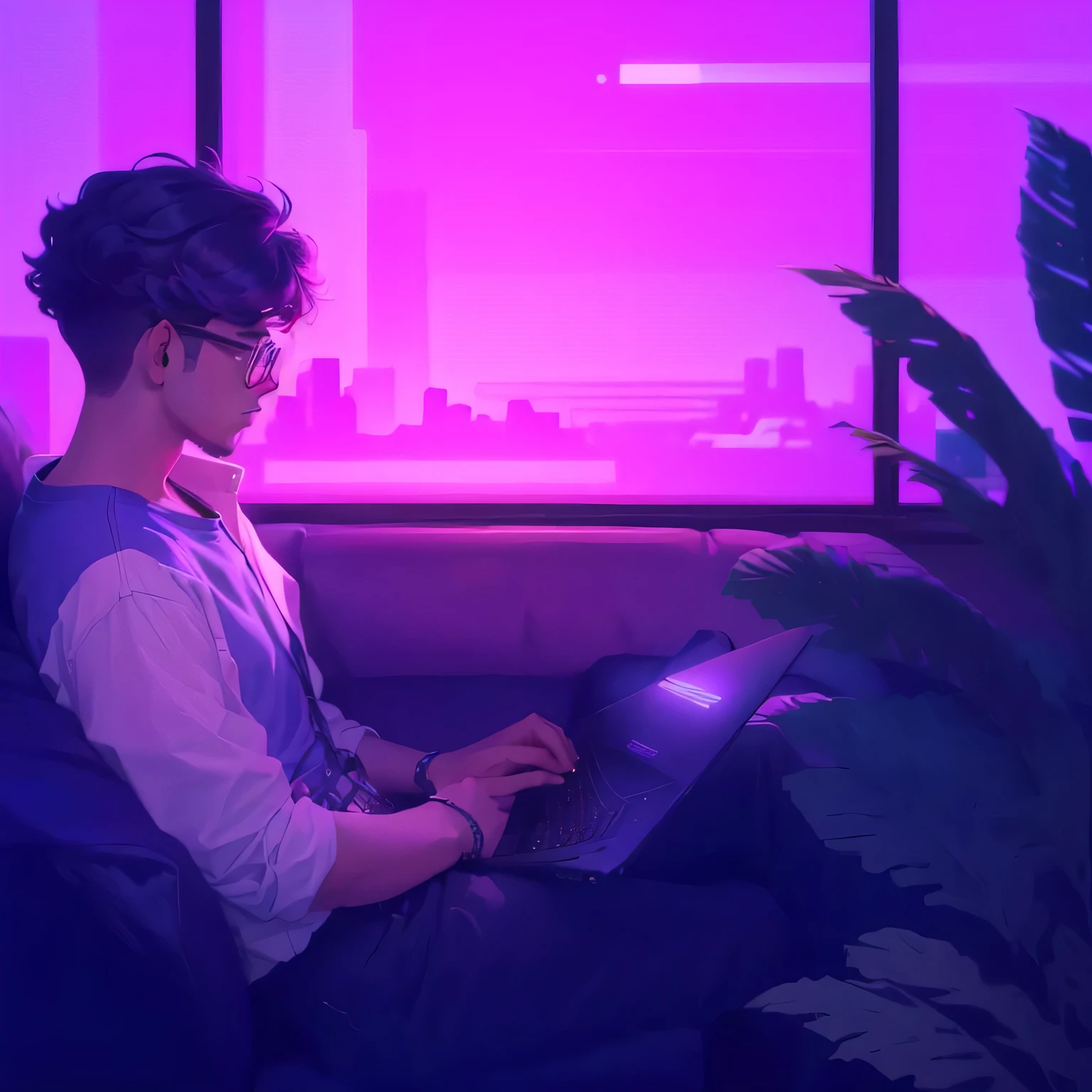 There is a man sitting on a sofa looking at a laptop, arte lofistyle, garoto lofi, arte lofi, lofi sente, lo-fi illustration style, synthwave aesthetic, cores lofi, arte lo-fi, lofi aesthetic, estilo de arte synthwave, lofi vibes, garoto lofi aesthetic, flat estilo de arte synthwave, with glasses.