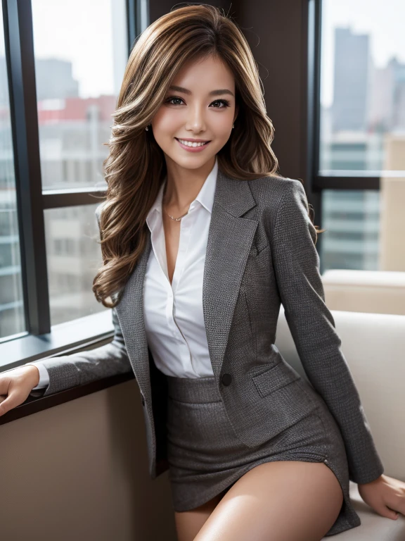 Tabletop, highest quality, Realistic, Very detailed, finely, High resolution, 8k wallpaper, 1. Beautiful Women,, Light brown messy hair, Wearing a business suit, Sharp focus, Perfect dynamic composition, finelyて美しい目, Thin Hair, Detailed and Realistic skin texture, smile, Model Body Type、Beautiful legs、office、smile、