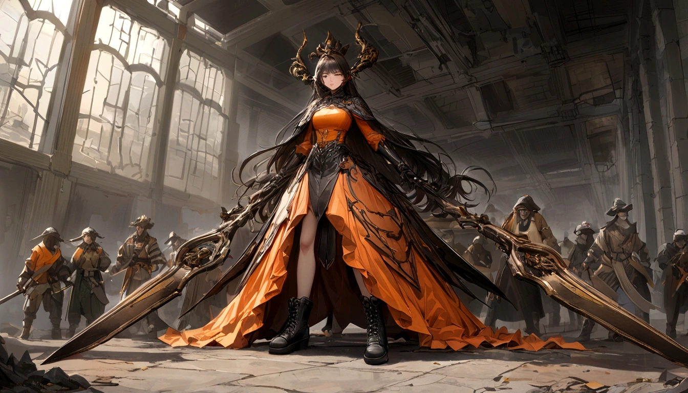The scene is,Smudge,Female,Wielding a spear,Dark,Flowing and chic,Prison/orange t-shirt,Combat boots,(Full body like:1.5),Chang'an Avenue,ventania,8K,((super-fine)),Hyper-realistic,(((OC renderer)))