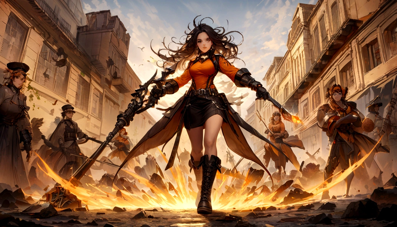 The scene is，Smudge，Female，Wielding a spear，Dark，Flowing and chic，Prison/orange t-shirt，Combat boots，（Full body like：1.5），Chang'an Avenue，ventania，8K，（（super-fine）），Hyper-realistic，（（（OC renderer）））