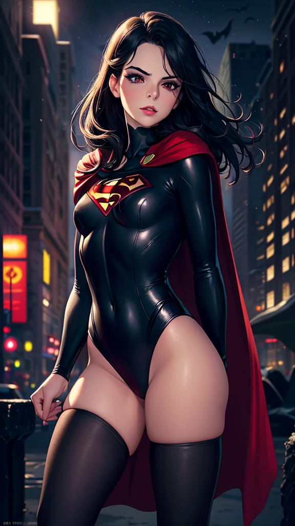 realistic, best quality, (masterpiece:1.2), absurdres, (1girl, solo), fashion photography, lips, small breasts, beautiful, makeup, mascara, lip gloss, black hair, a beautiful woman wearing Superman costume, red cape, full body portrait, soft design, natural lights, looking at viewer, (Dark midnight Gotham City background:1.3)