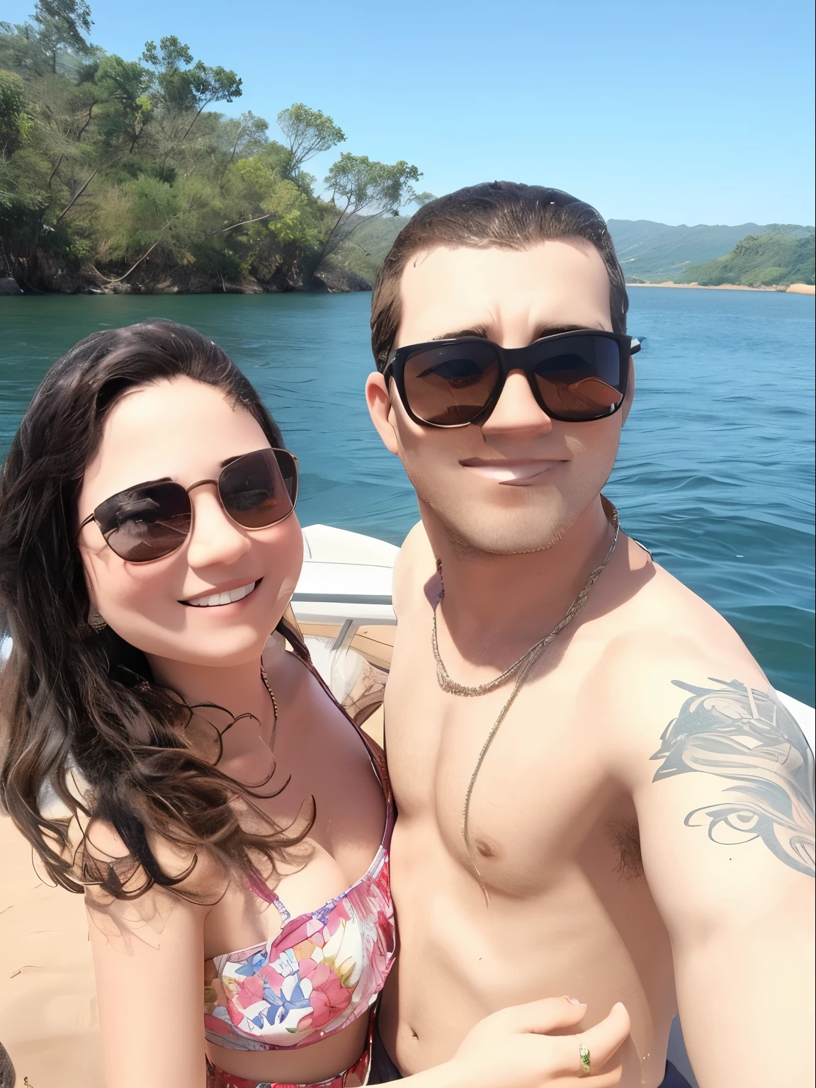 Imagem no estilo Pixal do casal em um barco, Both wearing sunglasses, ele sem camisa e ela de biquine

