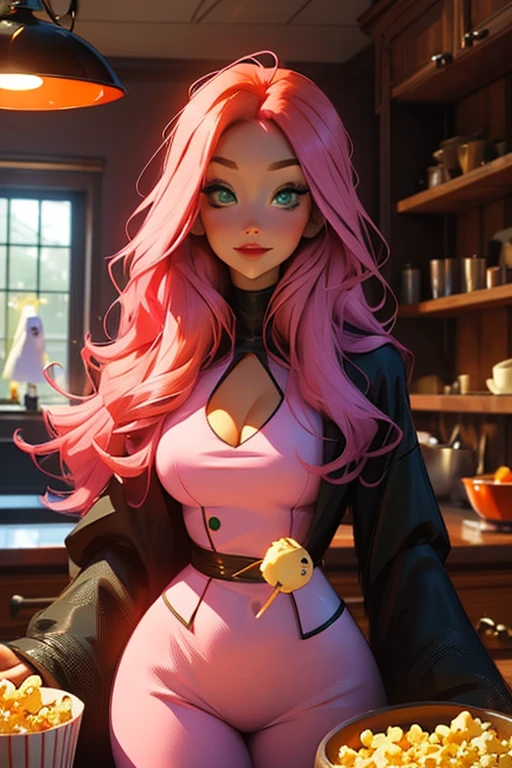 A pink haired female reaper with violet eyes and an hourglass figure in cute pajamas is making popcorn an orange haired female reaper with green eyes with an hourglass figure in a Gothic kitchen with smiles
