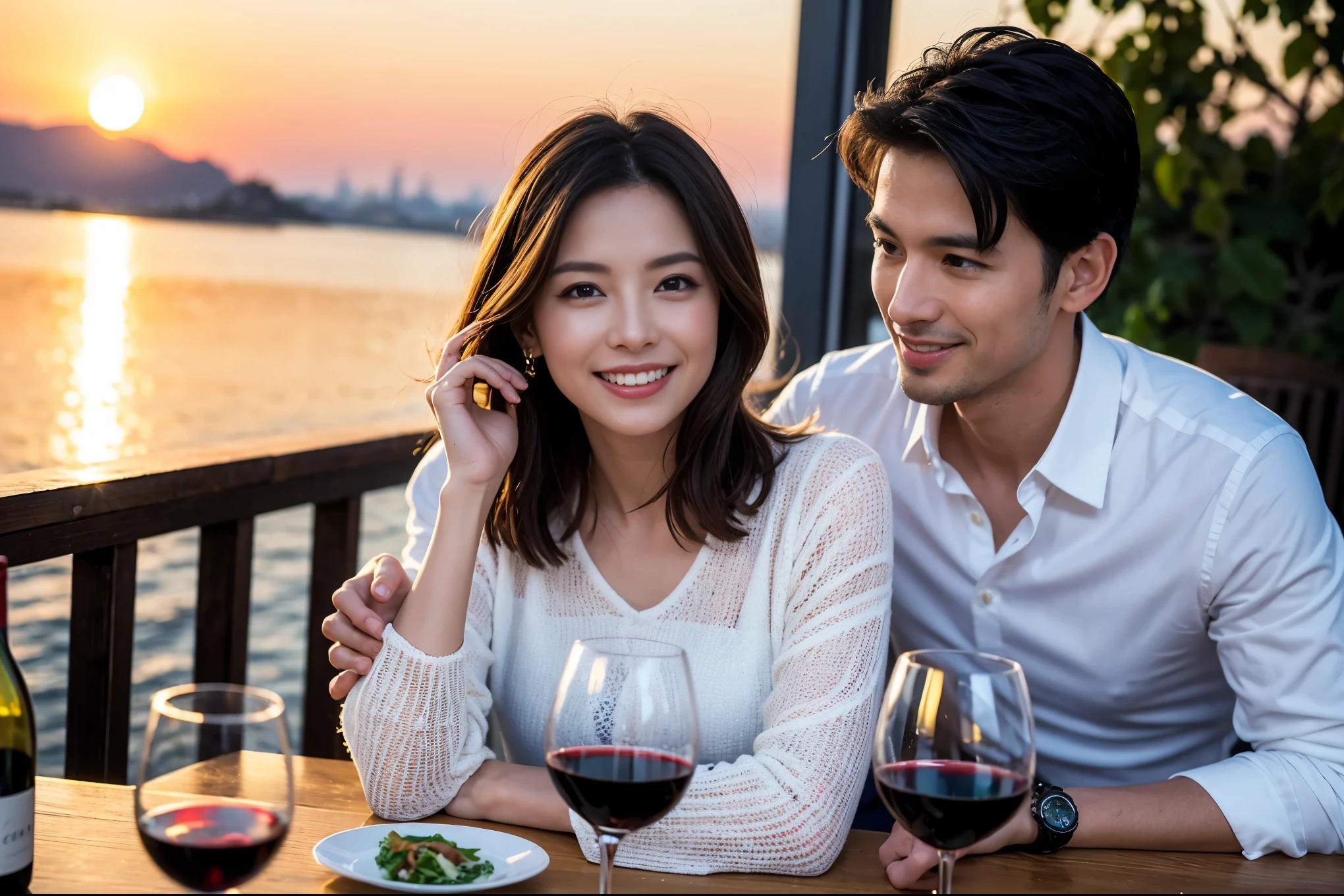 ((highest quality、8k、masterpiece:1.3))、 (Genuineistic, Genuine、Bright image、Intricate details:1.2), 最高のsmile 男性1人 女性1人、Beautiful couple、spouse、Engaged Couple、family、actress、model、smile、full-course dinner、 (Slim face), (the body is slim), (Brown Hair), (short hair), テーブルの上のwine glass、Please shine a light on my face、 Amazing view of the sunset sky and clouds、 (Age 37), 41 years old, red wine 、Appetizers、Wine bottle、sparkling wine、Long sleeve shirt、dress、White wine, red wine, wine glass,