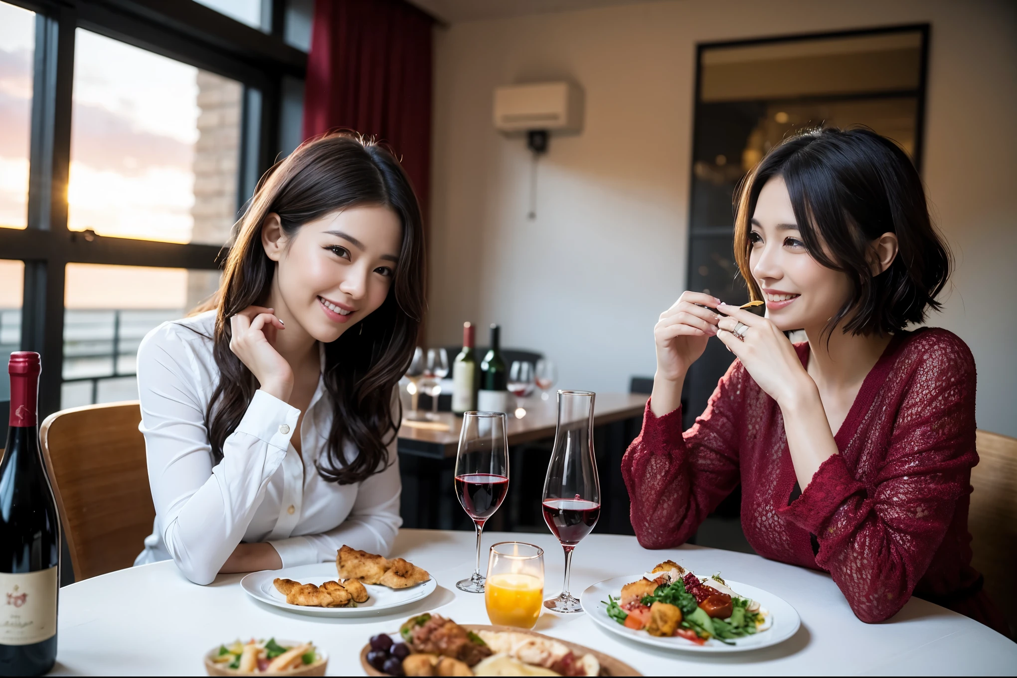 ((highest quality、8k、masterpiece:1.3))、 (Genuineistic, Genuine、Bright image、Intricate details:1.2), 最高のsmile 男性1人 女性1人、Beautiful couple、spouse、Engaged Couple、family、actress、model、smile、full-course dinner、 (Slim face), (the body is slim), (Brown Hair), (short hair), テーブルの上のwine glass、Please shine a light on my face、 Amazing view of the sunset sky and clouds、 (Age 37), 41 years old, red wine 、Appetizers、Wine bottle、sparkling wine、Long sleeve shirt、dress、White wine, red wine, wine glass, 
