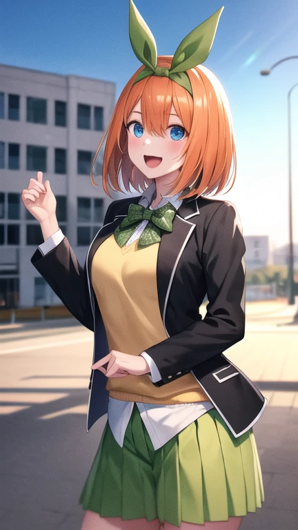 masterpiece, best quality, highres, aayotsuba, short hair, hair ribbon, green ribbon, hairband, green bow, sweater vest, blazer, black jacket, open clothes, long sleeves, green skirt, pleated skirt, standing, cowboy shot, outdoors, smile, open mouth,