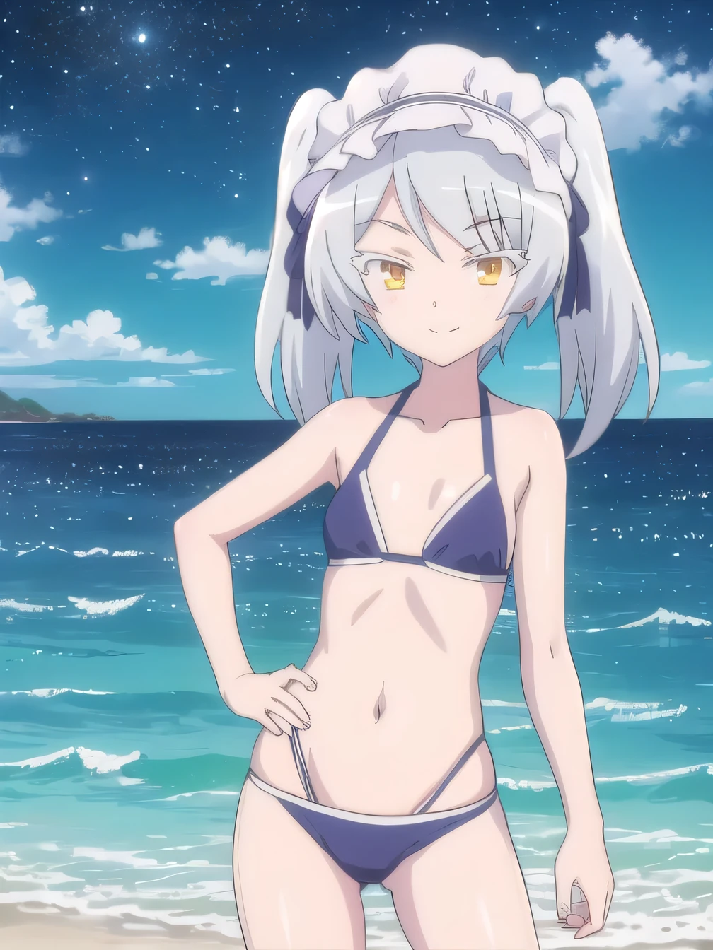 solo, 1girl, looking at viewer, anime coloring, high quality, solo, night sky, beach, arm behind head, hand on hip, contrapposto, closed mouth, spread armpits, (cowboy shot:1.5), looking at viewer, smile, best quality, leen, swimsuit, black bikini, smirk, flat chest,