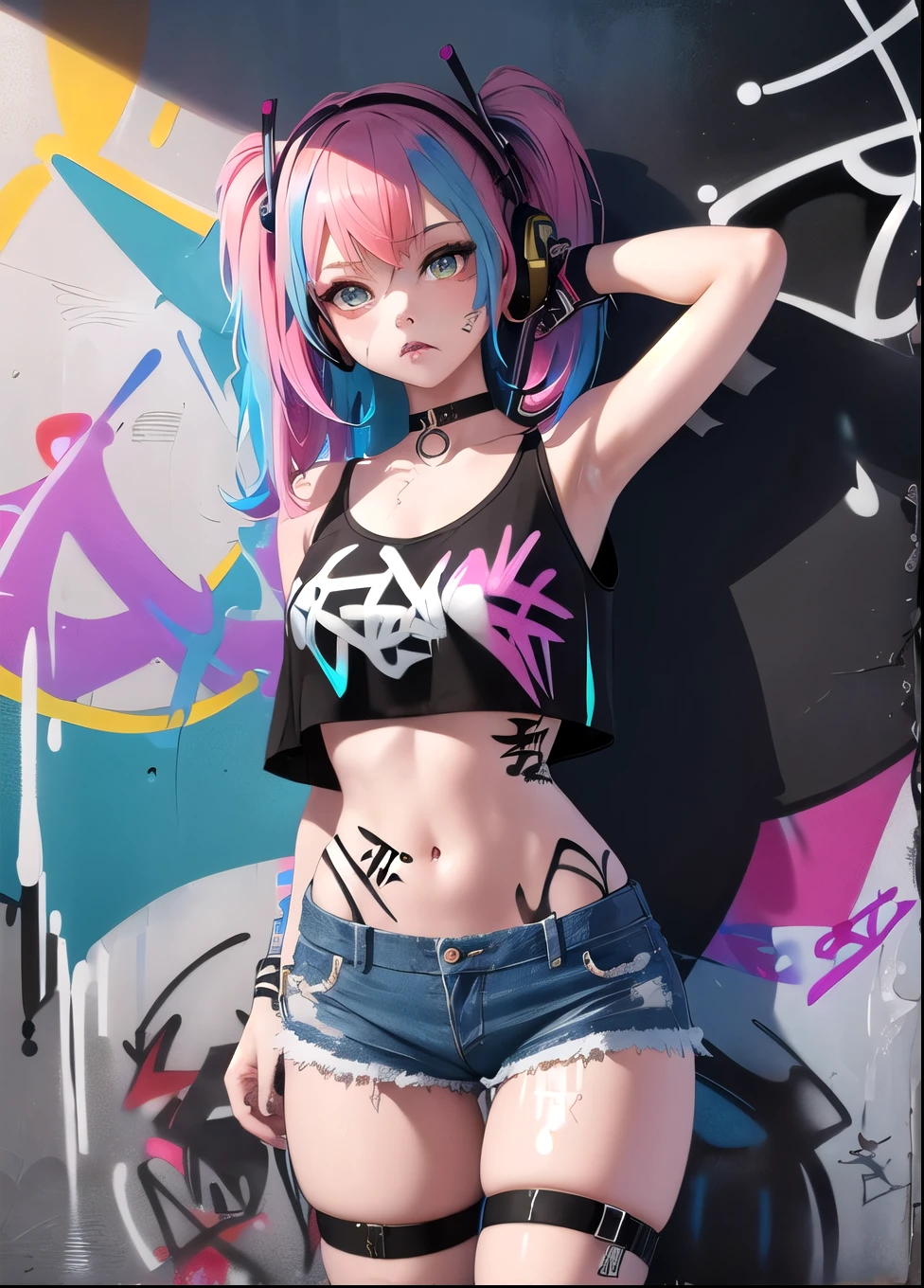masterpiece, highest quality, One girl, alone, Crop top, Denim shorts, choker, (graffiti:1.5), Paint splashes, Put your arms behind your back, Against the wall, View Viewer, Armband, Thigh straps, body paint, Tilt your head, boredom, Multicolored Hair, Aqua Eye, headset,