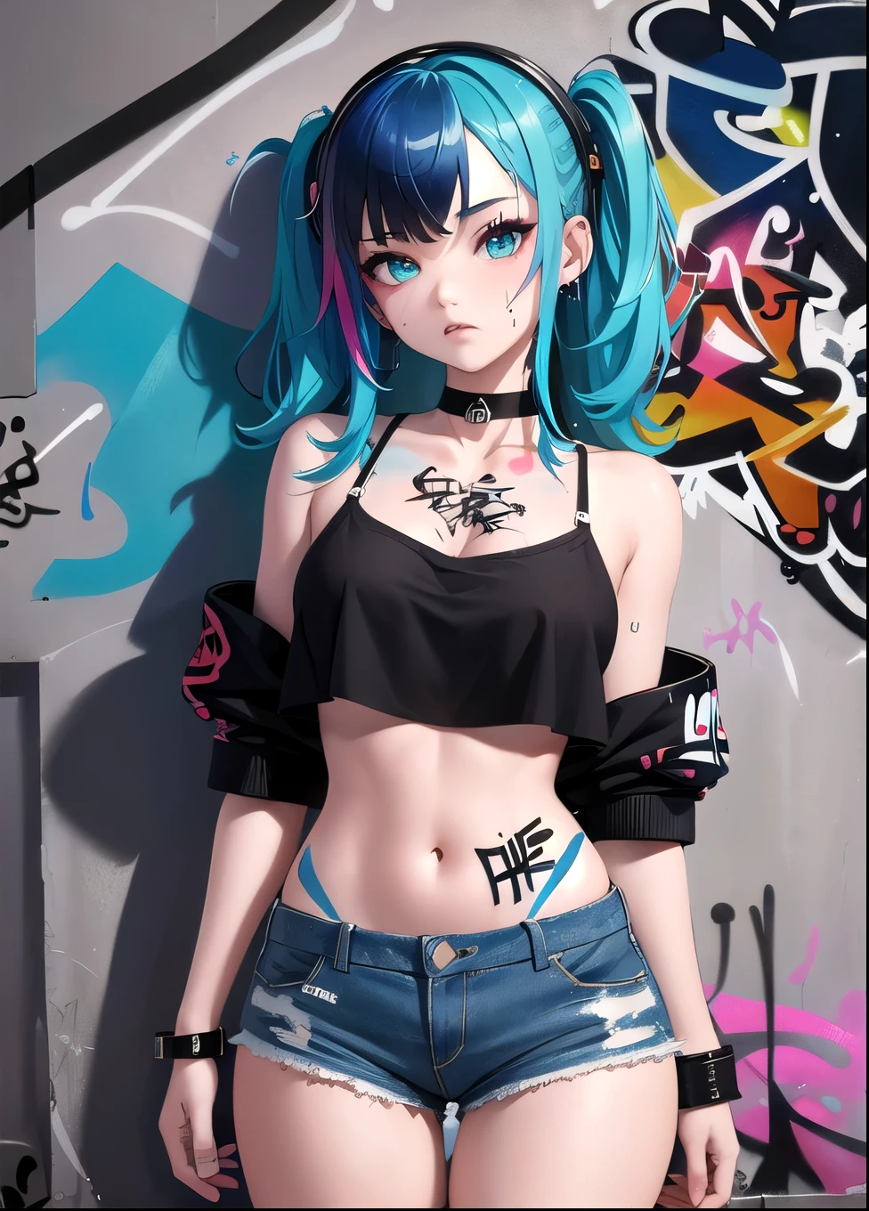 masterpiece, highest quality, One girl, alone, Crop top, Denim shorts, choker, (graffiti:1.5), Paint splashes, Put your arms behind your back, Against the wall, View Viewer, Armband, Thigh straps, body paint, Tilt your head, boredom, Multicolored Hair, Aqua Eye, headset,