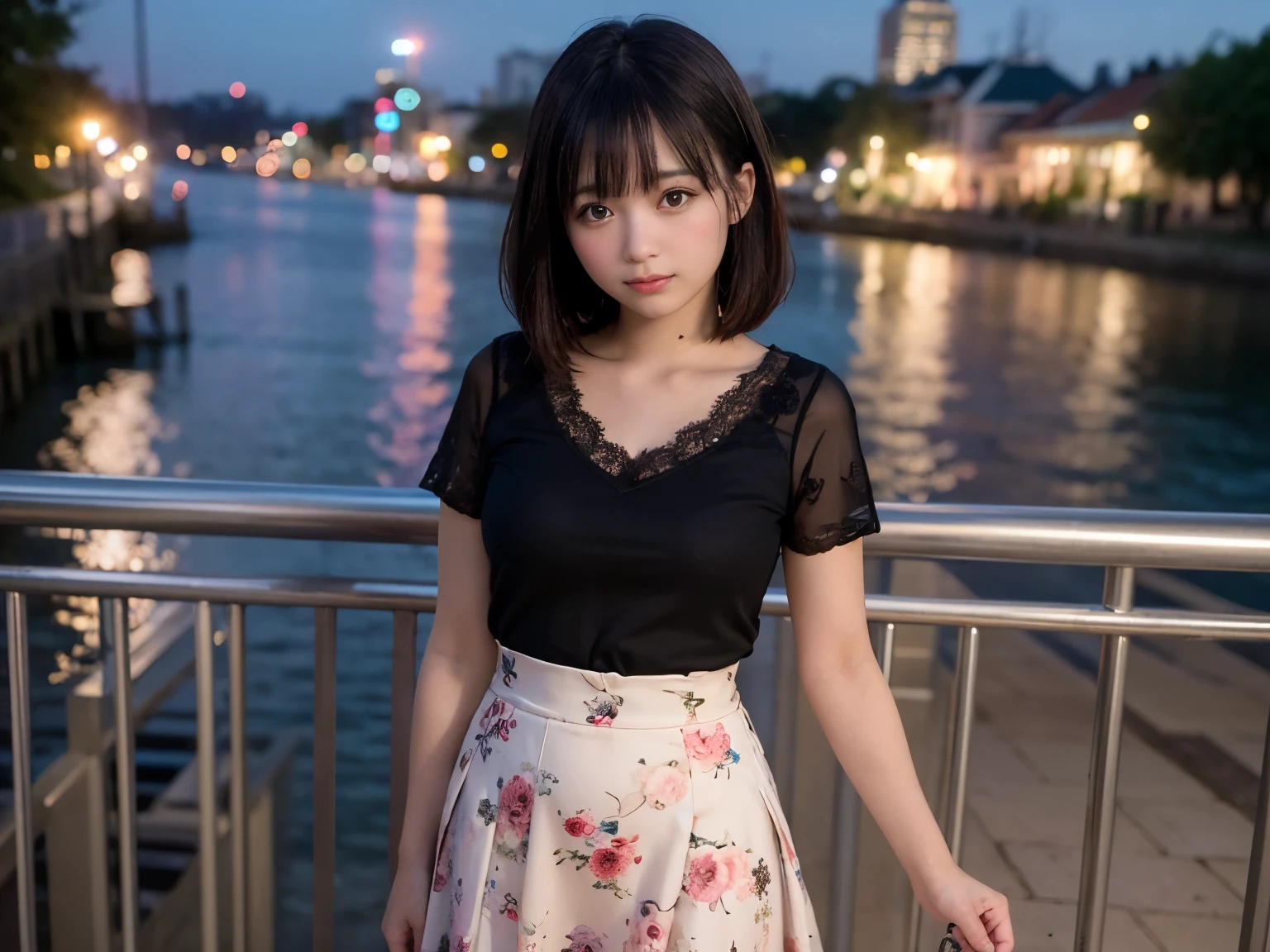 (highest quality, masterpiece, Ultra-high resolution, 8k, RAW Photos, Realistic, Anatomically correct:1.5), (Stainless steel round bar fence:1.0, Rest your cheek on your hand:1.5,  Put your elbow on the fence:1.2, Short Bob Cut, 20-year-old girl:1.2, Embarrassing, avert your eyes, blush:1.0,  View Viewer,  Outside the waterfront, Light:1.2, シティLight, Bokeh, Cinema Lighting:1.0, Depth of written boundary, sharp、Idol、Black short sleeve lace top、Black tulle skirt、Black clothing、”dwarf”、(Floral clothes)、Full Body Shot、