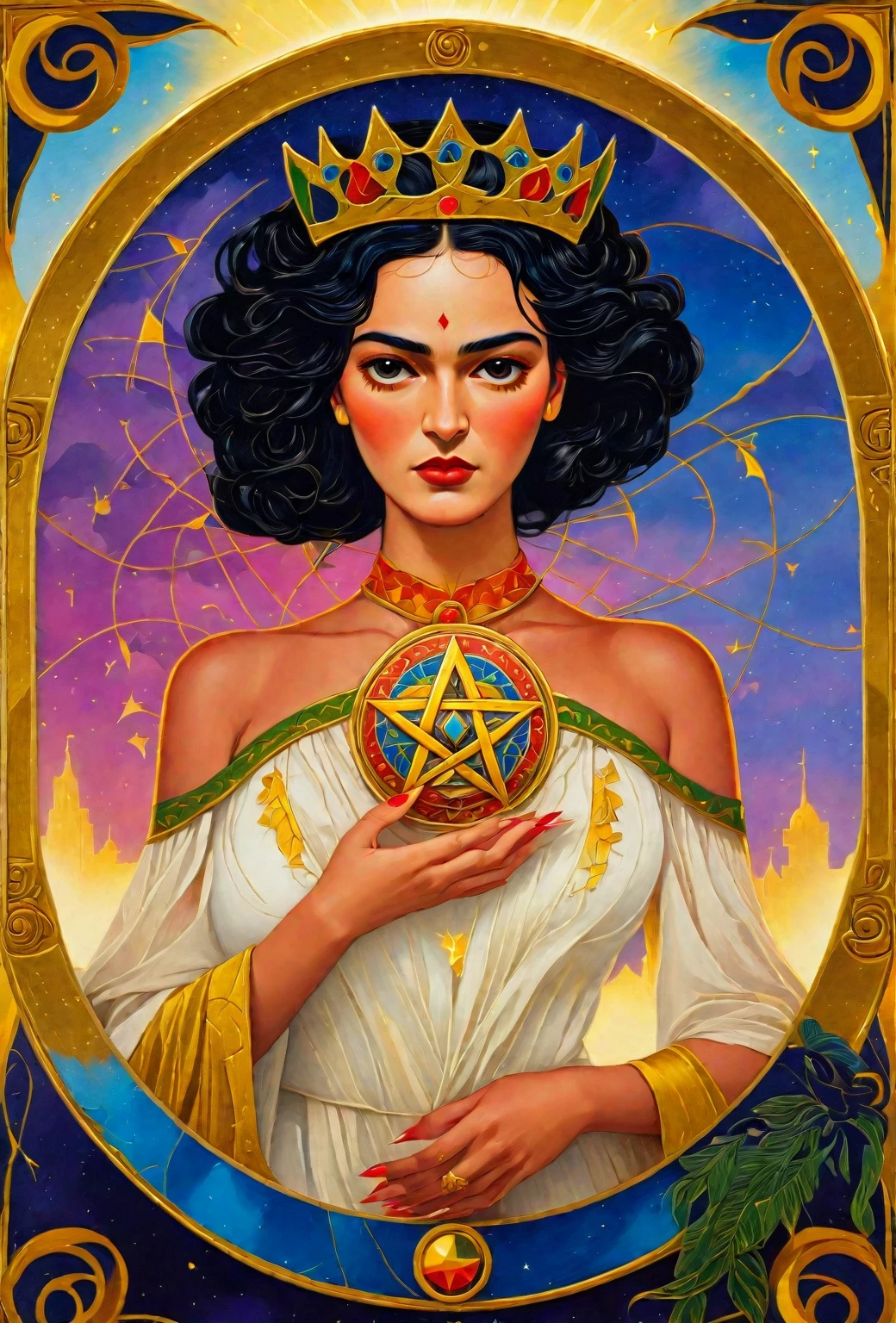 Frida Kahlo as a Tarot Card: score_9, score_8_up, score_7_up, score_6_up, score_5_up,  [ ACOCleopatra],[Black Hair],Cleopatra from Assassin's Creed Origins,[Jewelry],[ancient Egypt],4k,sharp image,detailed, sexy, extremely detailed artgerm,  (masterpiece, best quality:1.2),  (insanely detailed, beautiful detailed, masterpiece, best quality), (insanely detailed, masterpiece, best quality)  of tarot cards, a touch of Frida's signature artistic flair. (best quality, highres, vivid colors, photorealistic, artistic interpretation, detailed portrait), surreal tarot card, Frida Kahlo as a goddess in the tarot deck.