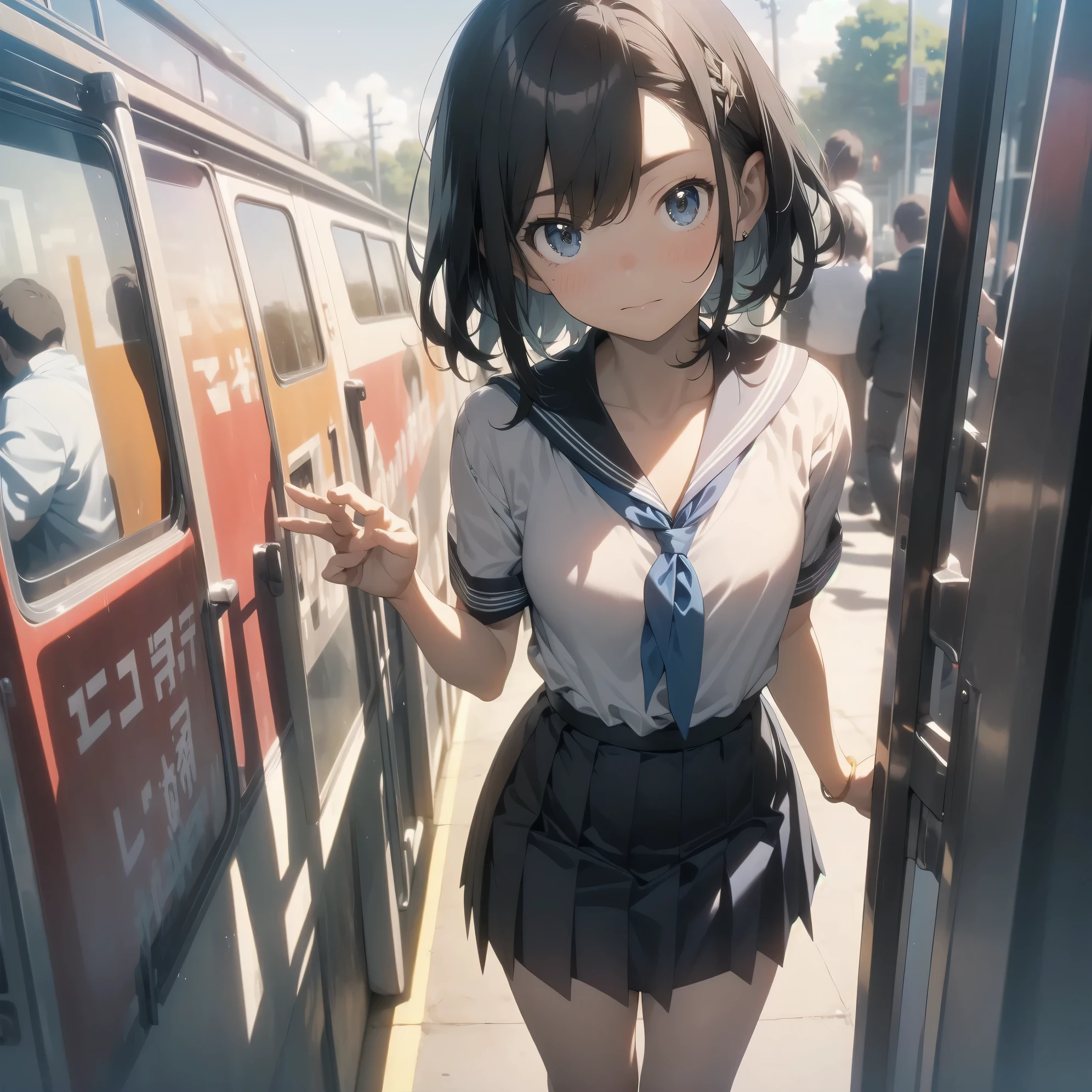 NSFW、(((Masterpiece、Detailed、Realistic texture、Tabletop)))、((Brown Hair、short hair、blue eyes))、((Big Breasts))、((Inside a crowded train、hot))、(((White short sleeve shirt)))、(((My chest spills out)))、(((Sweat)))、(((Sweat染み)))、(((Clothes get wet)))、(((Body odor)))、(((Blue tie、Navy Skirt、Navy blue socks、Brown Loafers)))、(((Touching the vagina)))、(((Detailed膣)))、(((Overflowing love juice)))、Angle from below、(((Flip up your skirt)))、(((molested by an old man)))