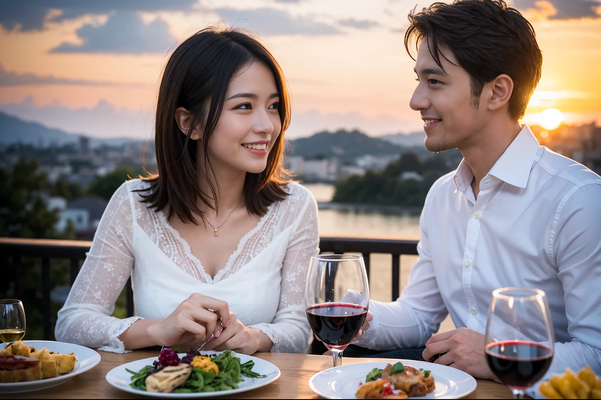((highest quality、8k、masterpiece:1.3))、 (Genuineistic, Genuine、Bright image、Intricate details:1.2), 最高のsmile 男性1人 女性1人、Beautiful Couple、Lovers、Japanese couple、A gentle lover、actresodel Couple、smile、full-course dinner、 (Slim face), (the body is slim), (Brown Hair), (short hair), テーブルの上のwine glass、Please shine a light on my face、 Amazing view of the sunset sky and clouds、 (42 years old), 39 years old, red wine 、Appetizers、Wine bottle、sparkling wine、Long sleeve shirt、dress、White wine, red wine, wine glass, 