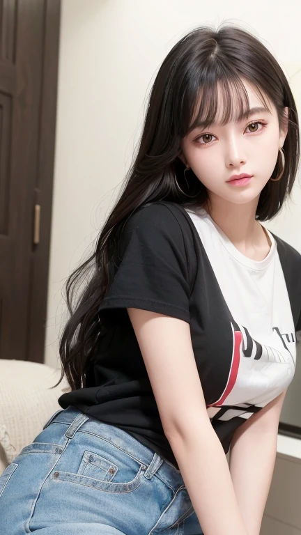 ((highest quality)), ((masterpiece)), (detailed), 8K,Realistic、High definition、high resolution、Real、Two Girls、Are standing、A good friend、21 years old、Heavy makeup、Very black hair、Shiny Hair、Glowing Skin、White short-sleeved clothing、Denim pants、Looking up、Bend over and peer at me、