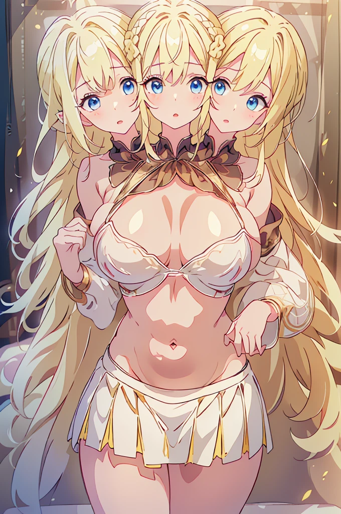 (masterpiece, best quality),best quality, best resolution, (ultra-detailed), (3heads:1.5), 1girl, (lily white:1.3), masterpiece, best quality, ultra quality, ultra resolution, ultra detail, white top, crop top, ((stomach)), midriff, ((groin)), white skirt, normal ears, shackles, yellow hair, very long hair, wavy hair, sidelocks, blue eyes, very detailed eyes, very beautiful eyes, parted lips, sweat, cute, open belly, toned belly, hand on own chest, eyelashes, (23 year old woman:1.3), (masterpiece:1.5), (best quality:1.5), (beautiful detailed), extremely detailed CG, extremely delicate and beautiful, depth of field, (finely detailed face), (perfect details:1.2), (mature female:1.3), wide pelvis, slender, large veiny breast, 16k resolution, highres, high quality, high definition, extremely detailed, masterpiece, yellow hair, long hair, alluring presence, braid, short skirt, close up, very big tits, huge tits, young, exposed midriff,