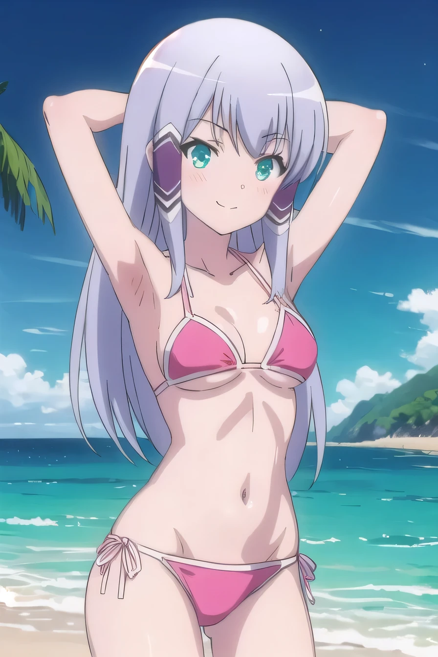 solo, 1girl, looking at viewer, 2D, anime, anime coloring, high quality, solo, night sky, beach, arms behind head, contrapposto, closed mouth, spread armpits, (cowboy shot:1.5), looking at viewer, smile, best quality, elze silhoueska, pink bikini, swimsuit, smile, blushing,