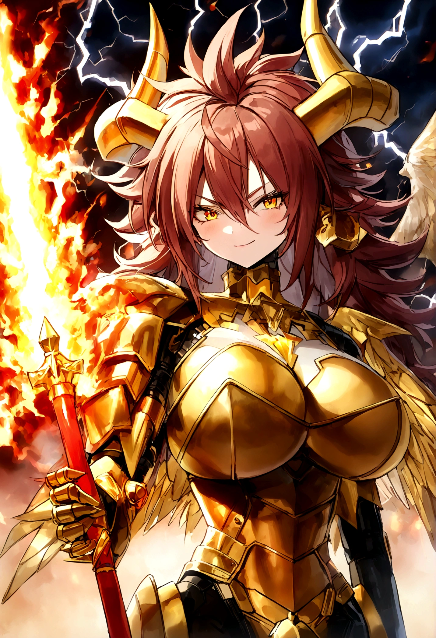 ((Lightning Power)), ((Electricity)), ((Fire Background)), ((Lightning Storm)), ((Power Erupting)),((((android 21)))), (((white Coat))), (((Busty))), (((((Big breast:1,3)))), luxury bustier corset, (((silver hair))), (((Very slim waist))), propotional body, ((Gorgeous)), (((gold wings))), masterpiece, hyperdetail, ambient effect, digital effect, (((FIRE SWORD)), (((Lightning Sword))), (((Fire Gold Armor))), (((Lightning Gold Wings))), (((Fire Demon Horns))), (((Lightning Demon Horns)))