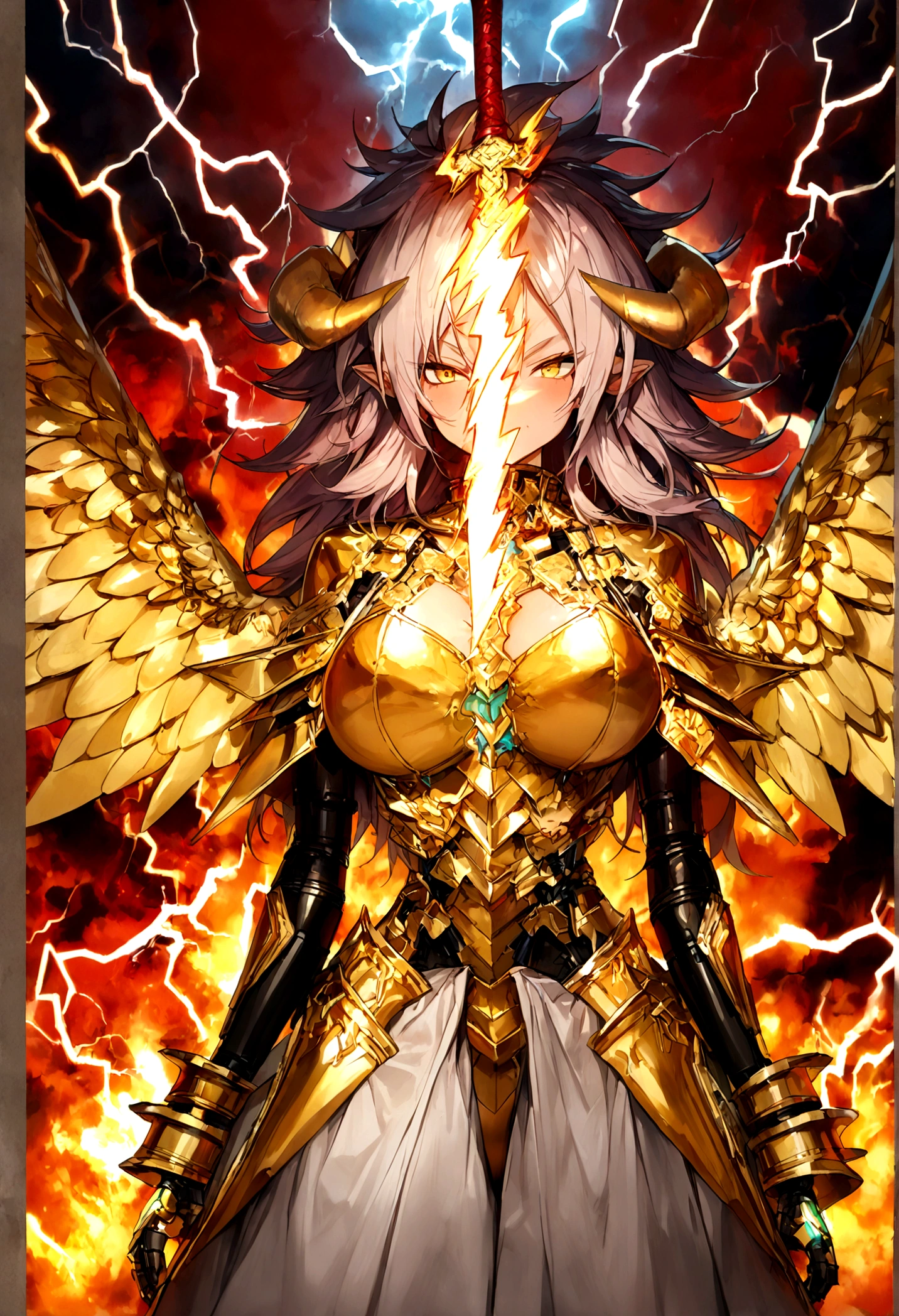 ((Lightning Power)), ((Electricity)), ((Fire Background)), ((Lightning Storm)), ((Power Erupting)),((((android 21 Evil)))), (((white Coat))), (((Busty))), (((((Big breast:1,3)))), luxury bustier corset, (((silver hair))), (((Very slim waist))), propotional body, ((Gorgeous)), (((gold wings))), masterpiece, hyperdetail, ambient effect, digital effect, (((Fangs))), (((FIRE SWORD)), (((Lightning Sword))), (((Fire Gold Armor))), (((Lightning Gold Wings))), (((6 Wings))), (((Fire Blazing Horns)))