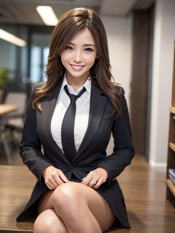 a gorgeous lady, age 22, Formal Skirt Suit with Blouse, posing naturally on a bed, dimpled smile, short ponytail, cute snaggleteeth, ample round bosom, photorealistic, beautiful detailed eyes, hyper-realism, high contrast, ultra HD, realistic skin textures, top image quality, top-quality, super high resolution, fine details, very meticulously, bokeh background