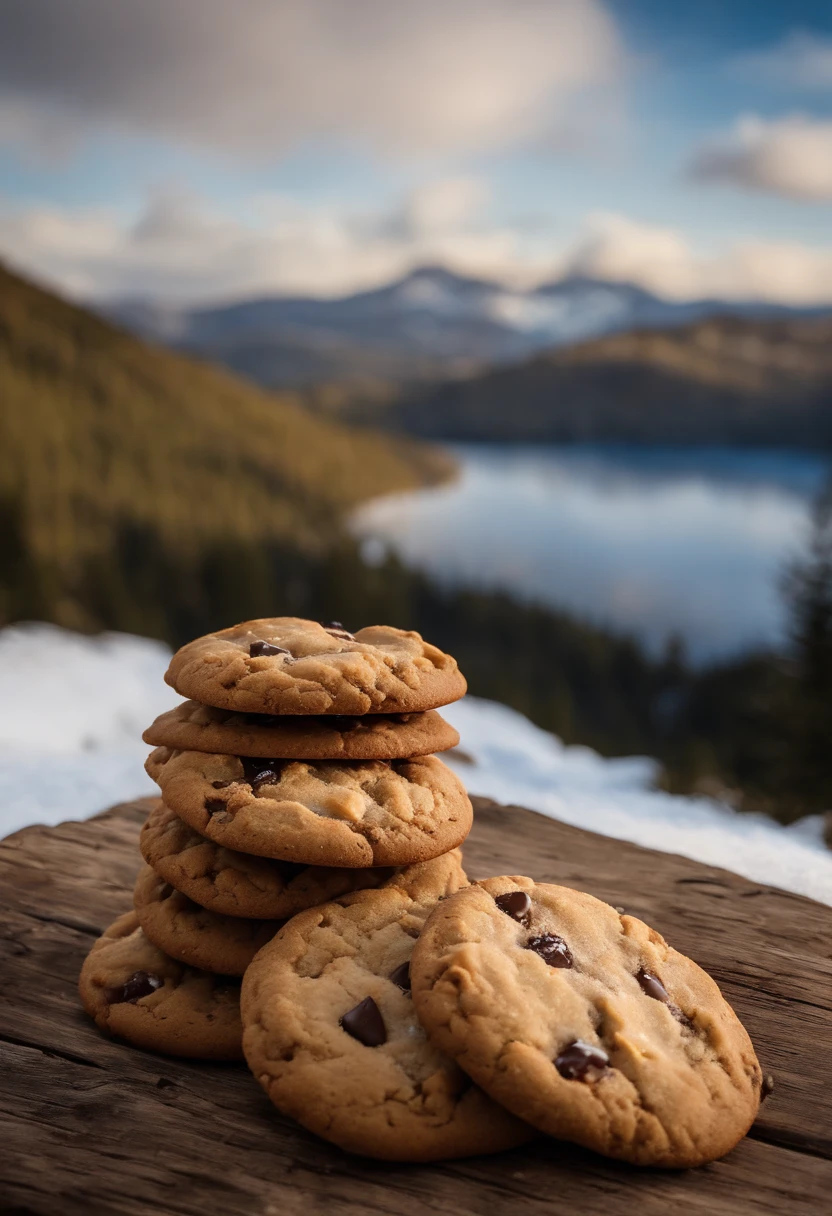 No Alto de uma montanha (vale nevado), Cookies,(biscoito cookie)(chocolate, cookie(gordo), cookie arredondado), cenario(on rustic wood, no alto de uma montanha (ao fundo um vale e montanhas), realista, 4k, Photo by the best photographer in the world, melhor qualidade, grade, realismo absoluto, cookies, biscoito cookie, gotas de chocolate, alto da montanha, neve. Cookies no alto da montanha, natureza, foto na natureza , foto cookies natureza montanha, montanhas, neve, vale, cookies